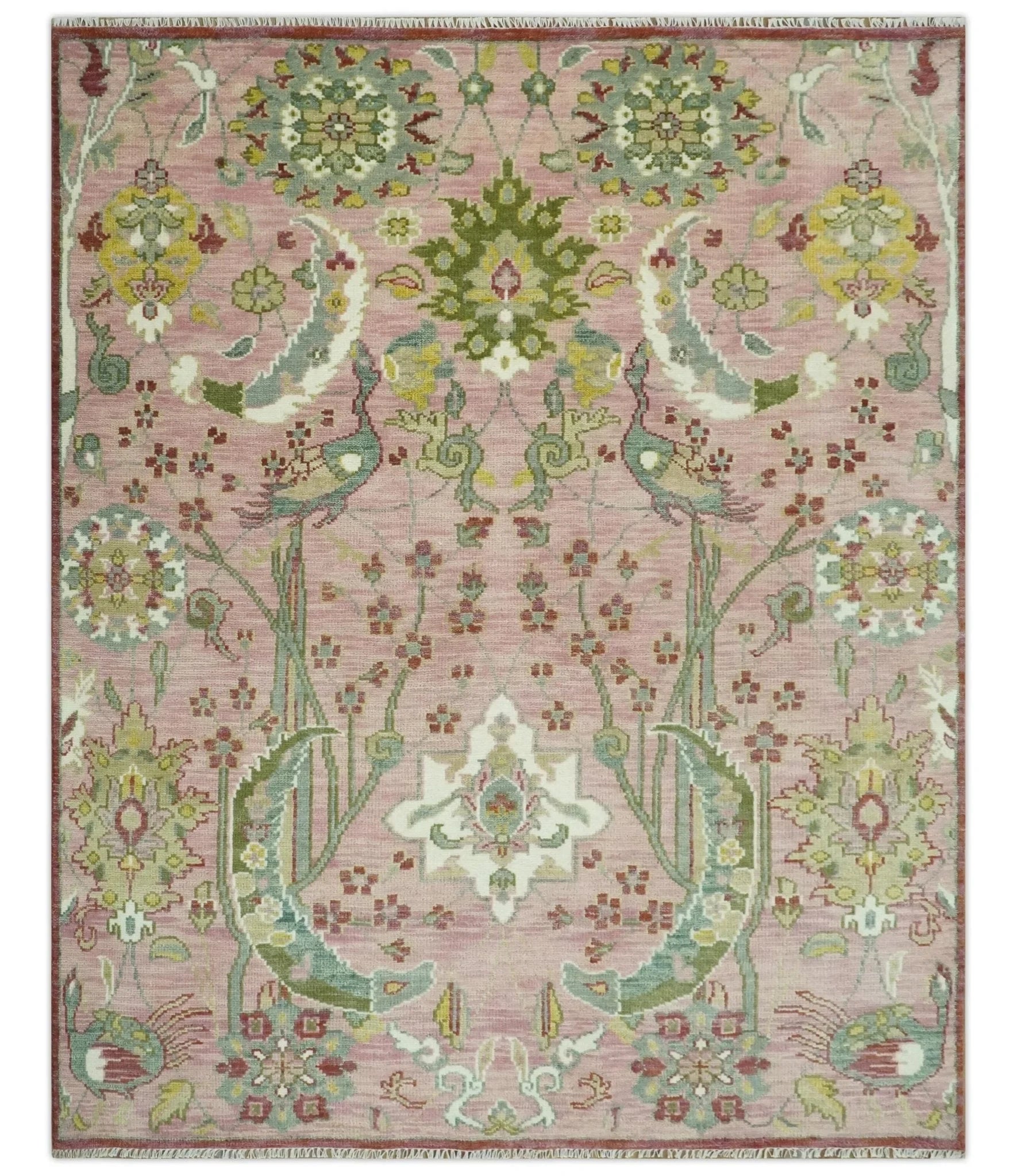 The Peacock Garden Pink and Green Peacock Bird Hand Knotted Multi size Wool Area Rug - The Rug Decor