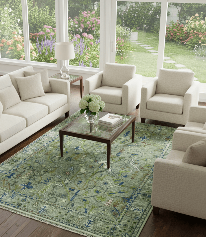 The Plants and Roots Green Hand Knotted Traditional Custom Made Wool Area Rug