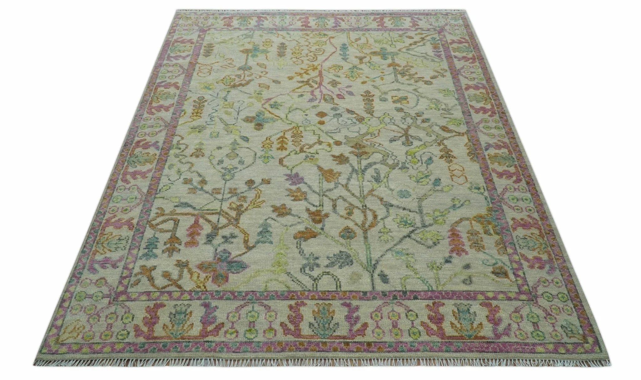 The Plants and Roots Ivory and Pink Hand Knotted Traditional Custom Made Wool Rug - The Rug Decor