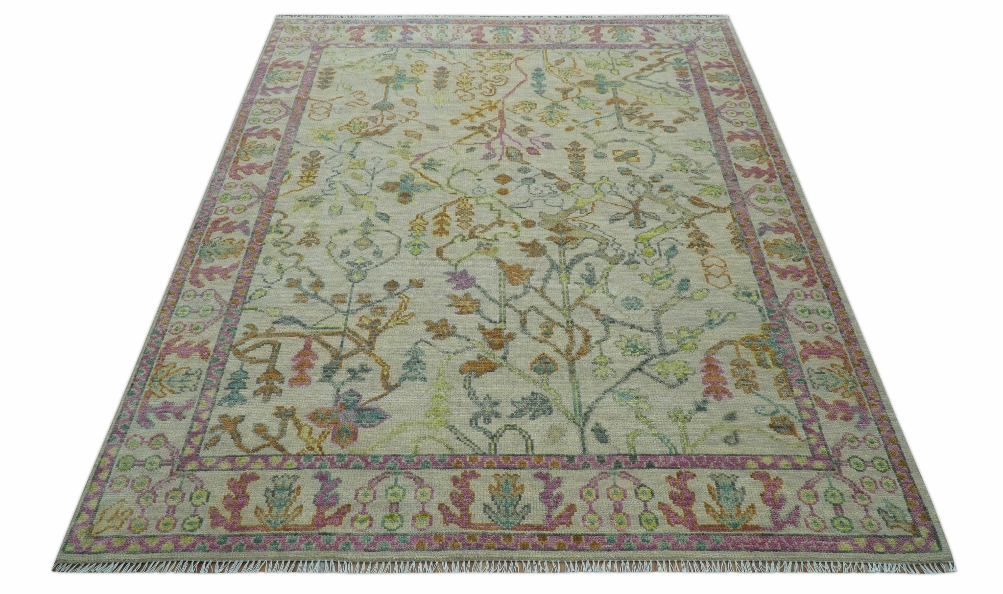 The Plants and Roots Ivory and Pink Hand Knotted Traditional Custom Made Wool Rug