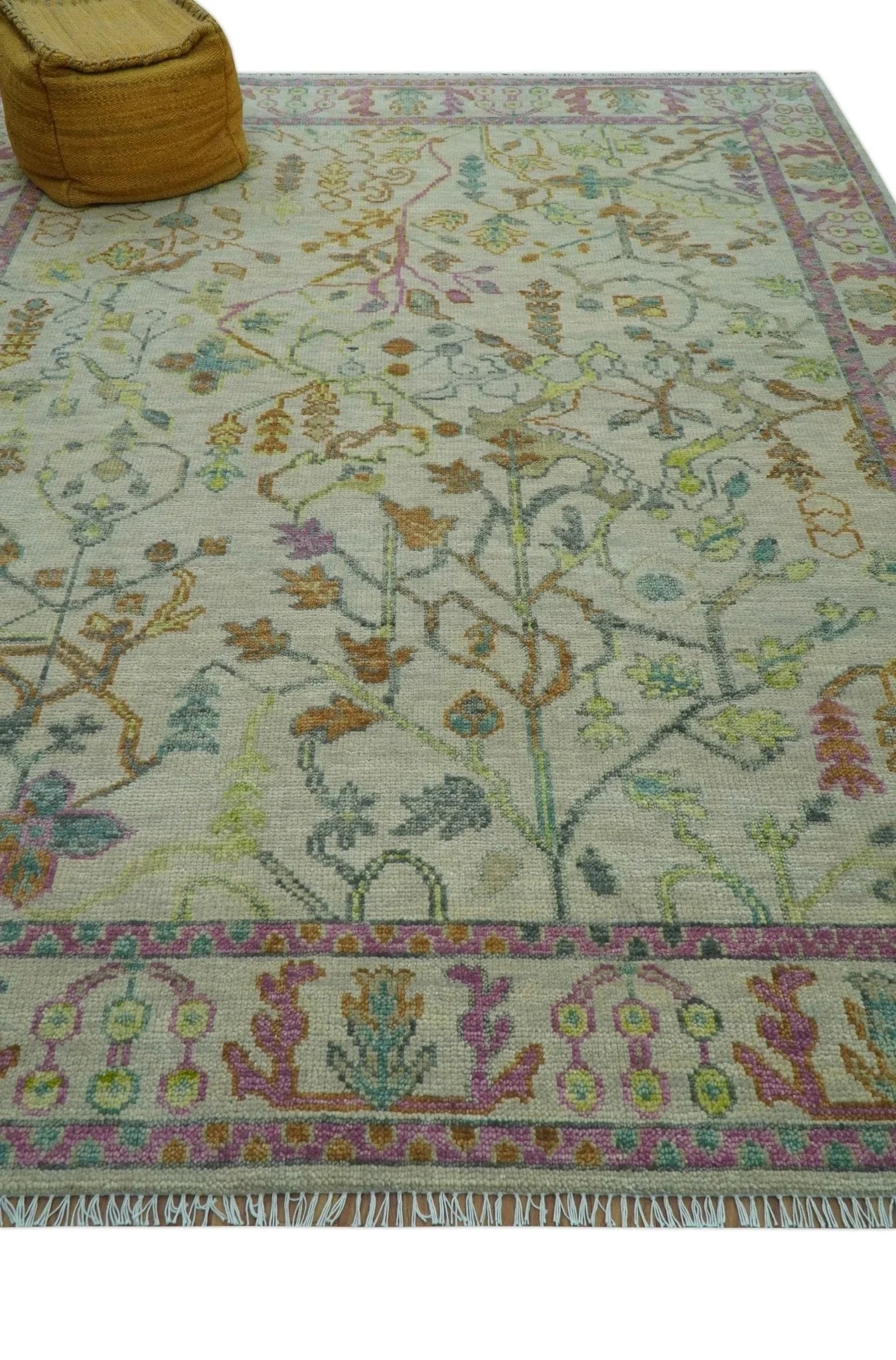 The Plants and Roots Ivory and Pink Hand Knotted Traditional Custom Made Wool Rug - The Rug Decor