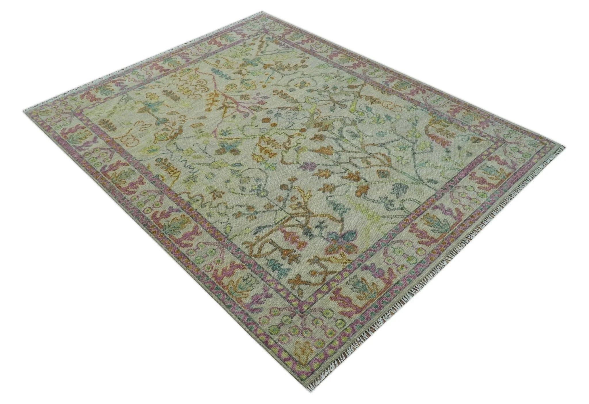 The Plants and Roots Ivory and Pink Hand Knotted Traditional Custom Made Wool Rug - The Rug Decor