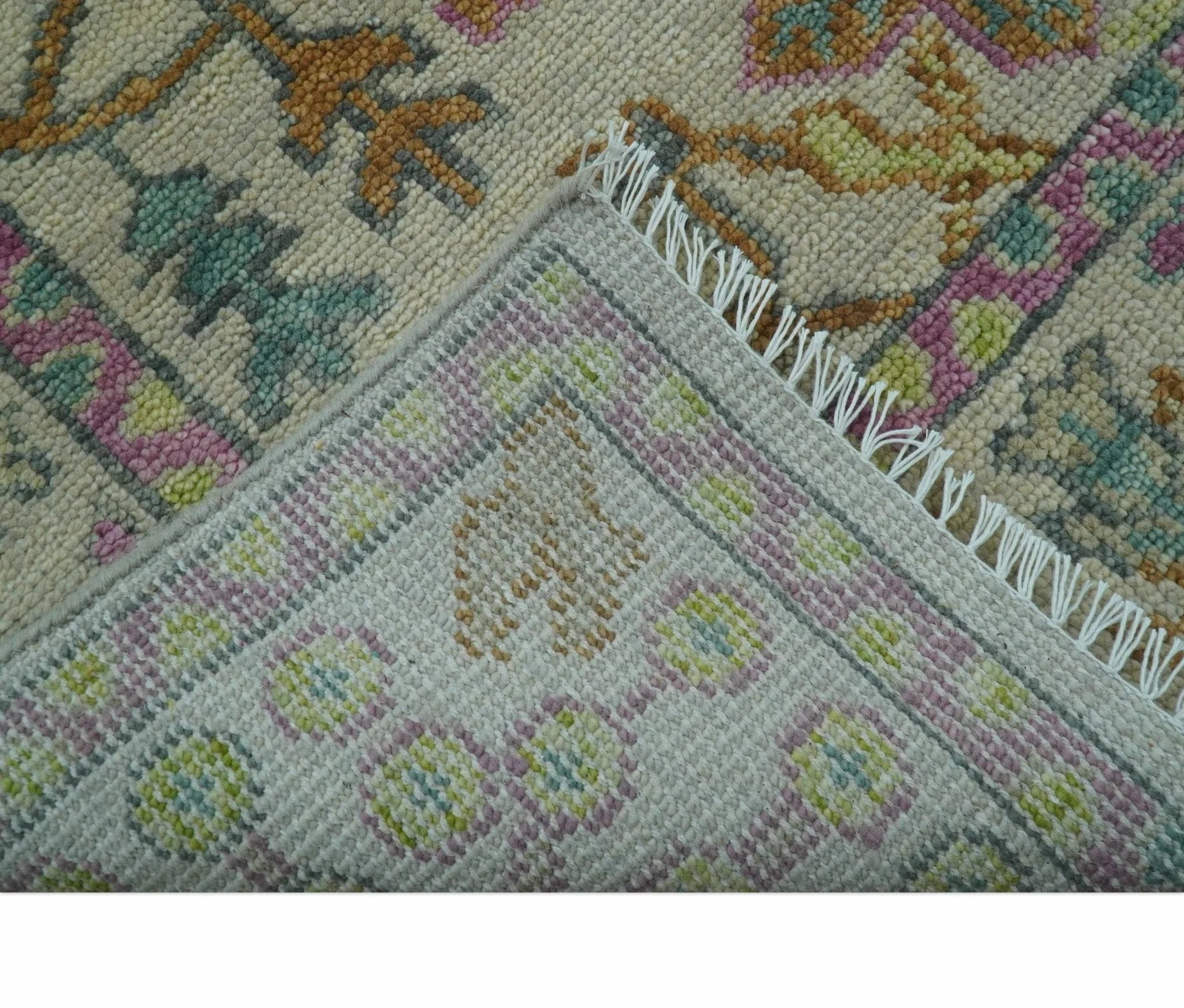 The Plants and Roots Ivory and Pink Hand Knotted Traditional Custom Made Wool Rug - The Rug Decor