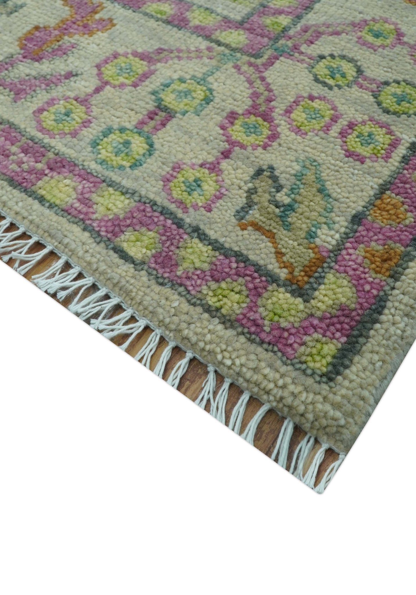 The Plants and Roots Ivory and Pink Hand Knotted Traditional Custom Made Wool Rug