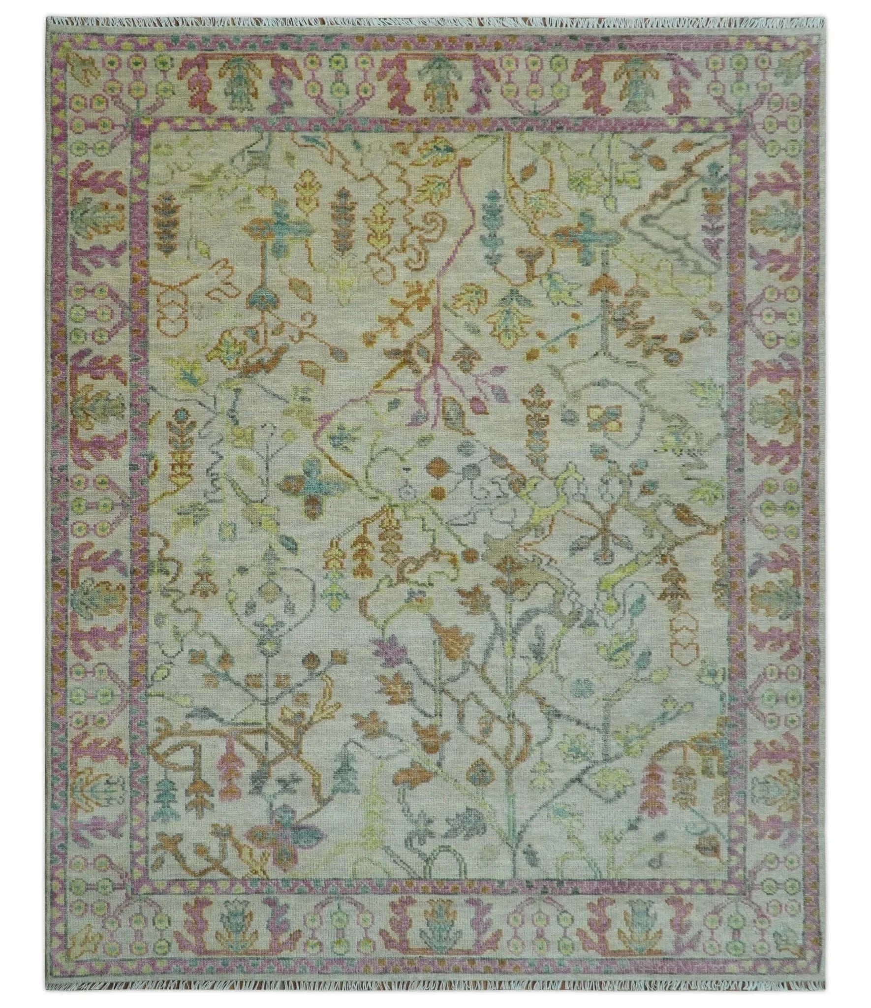 The Plants and Roots Ivory and Pink Hand Knotted Traditional Custom Made Wool Rug - The Rug Decor