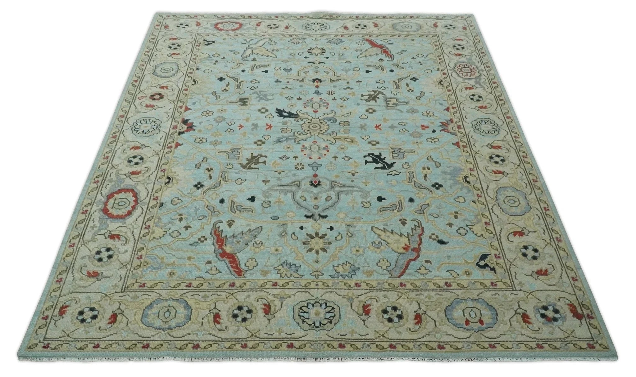 Traditional Floral Aqua, Ivory and Beige Oriental Oushak Multi size wool Area Rug - The Rug Decor