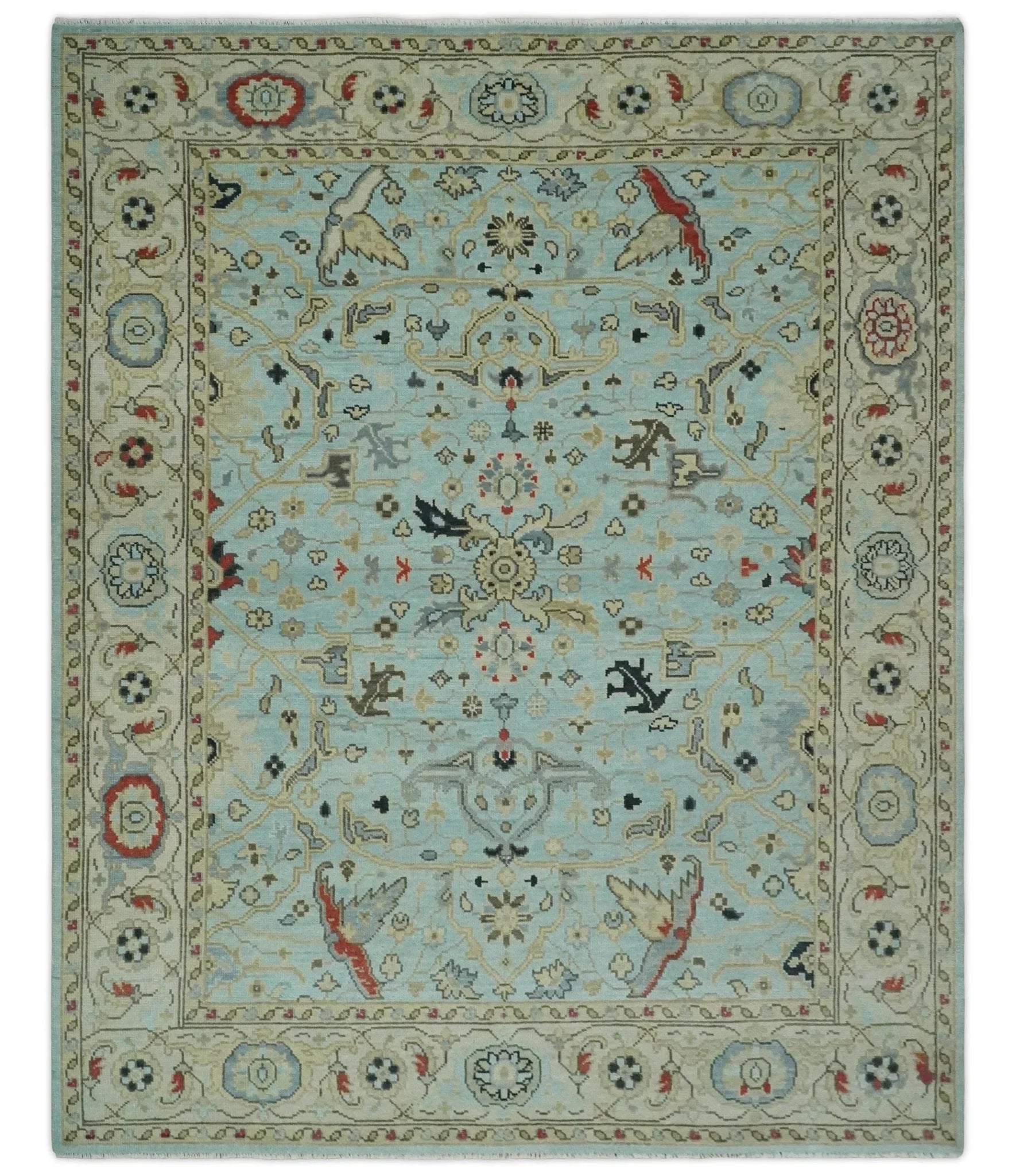 Traditional Floral Aqua, Ivory and Beige Oriental Oushak Multi size wool Area Rug - The Rug Decor