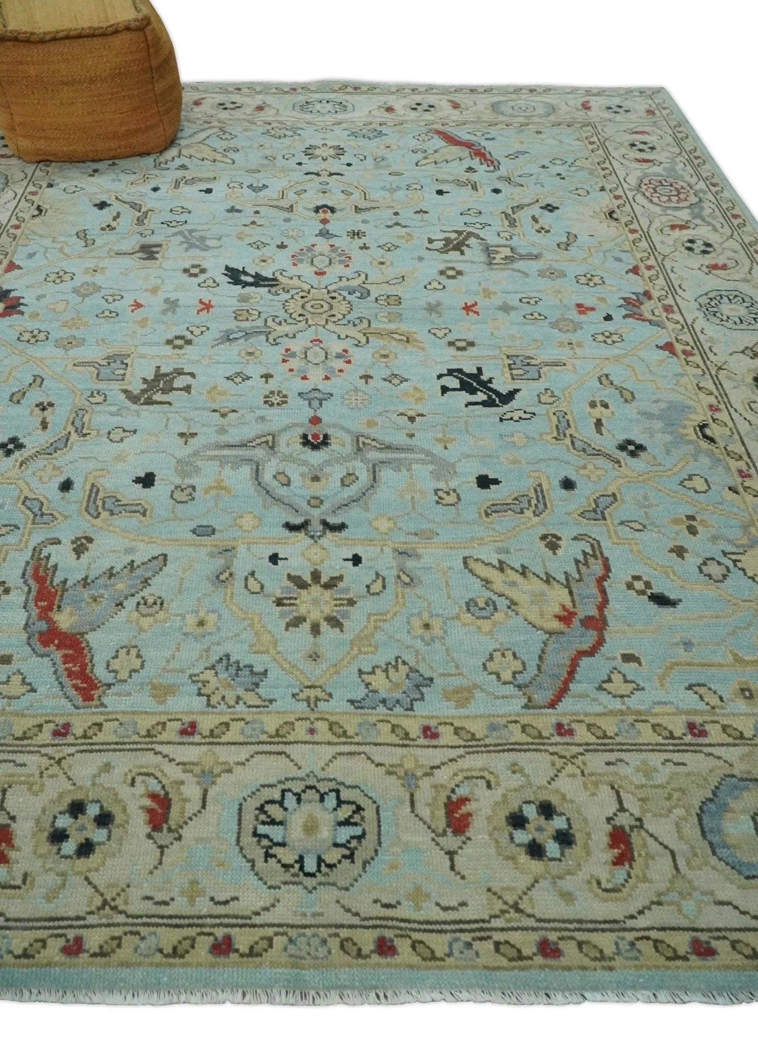 Traditional Floral Aqua, Ivory and Beige Oriental Oushak Multi size wool Area Rug - The Rug Decor