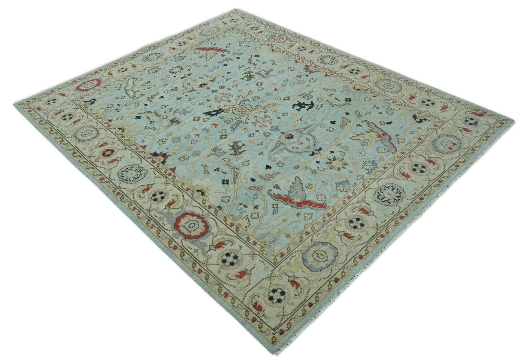 Traditional Floral Aqua, Ivory and Beige Oriental Oushak Multi size wool Area Rug - The Rug Decor