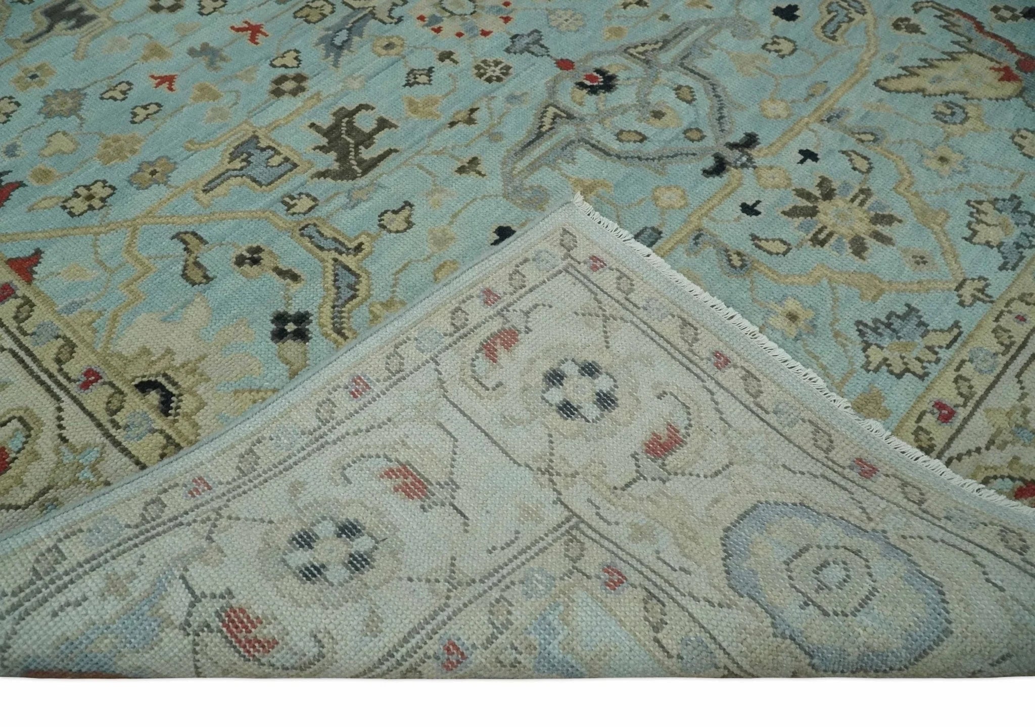 Traditional Floral Aqua, Ivory and Beige Oriental Oushak Multi size wool Area Rug - The Rug Decor