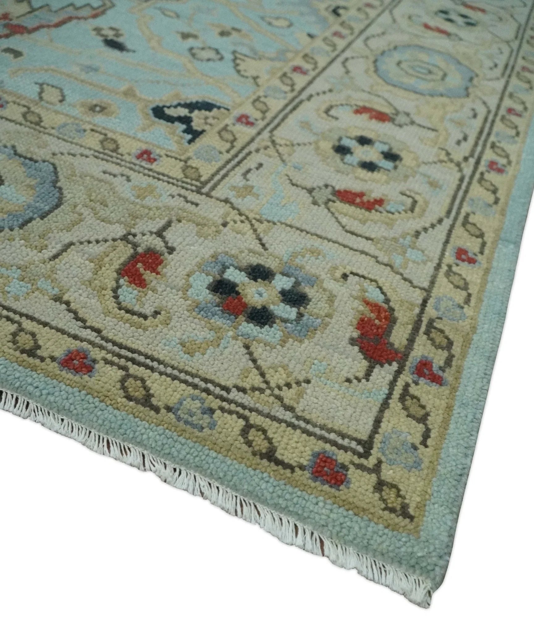 Traditional Floral Aqua, Ivory and Beige Oriental Oushak Multi size wool Area Rug - The Rug Decor