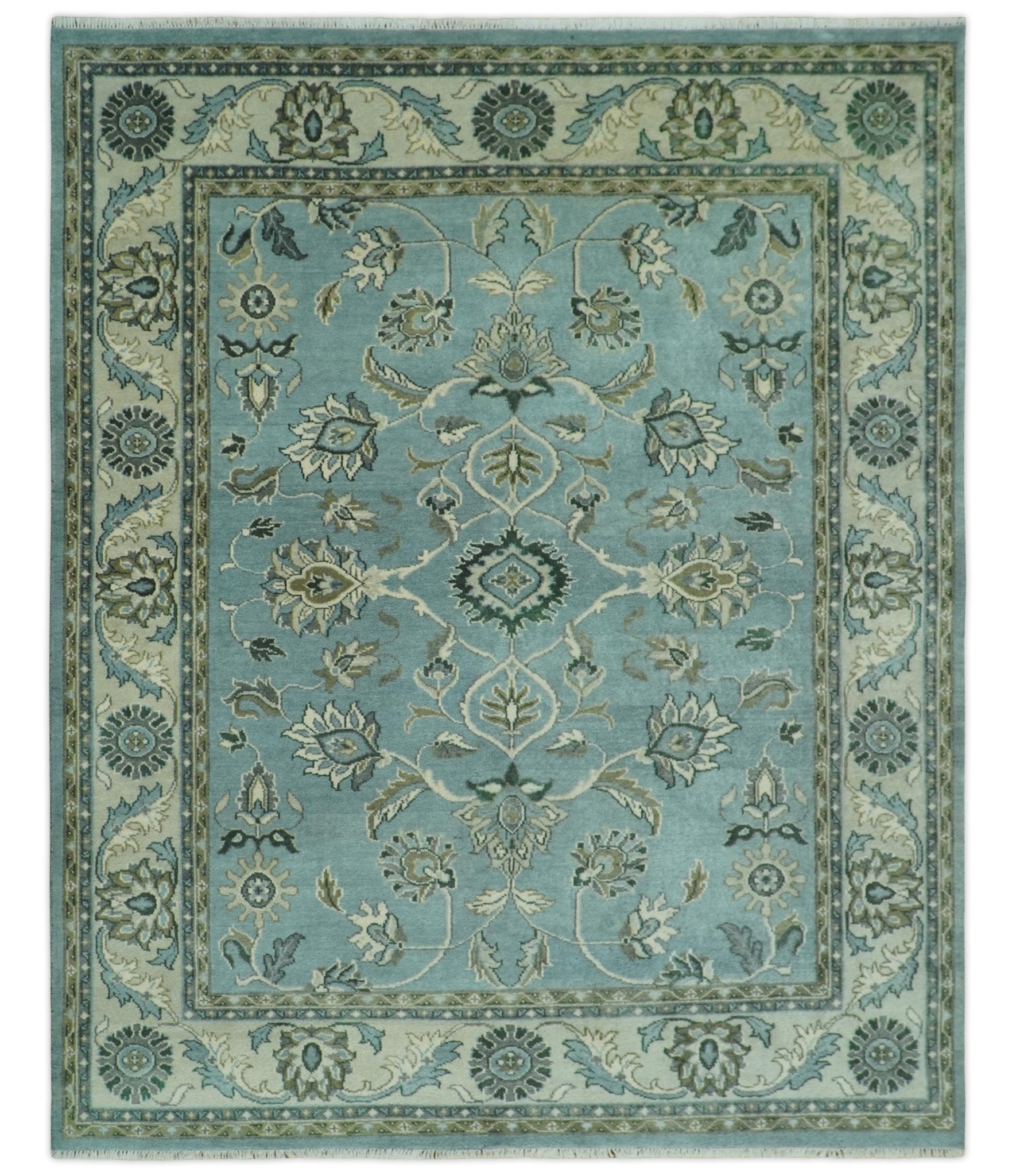 Traditional Floral Blue and Beige 8X10 Antique Style Hand Knotted Wool Rug