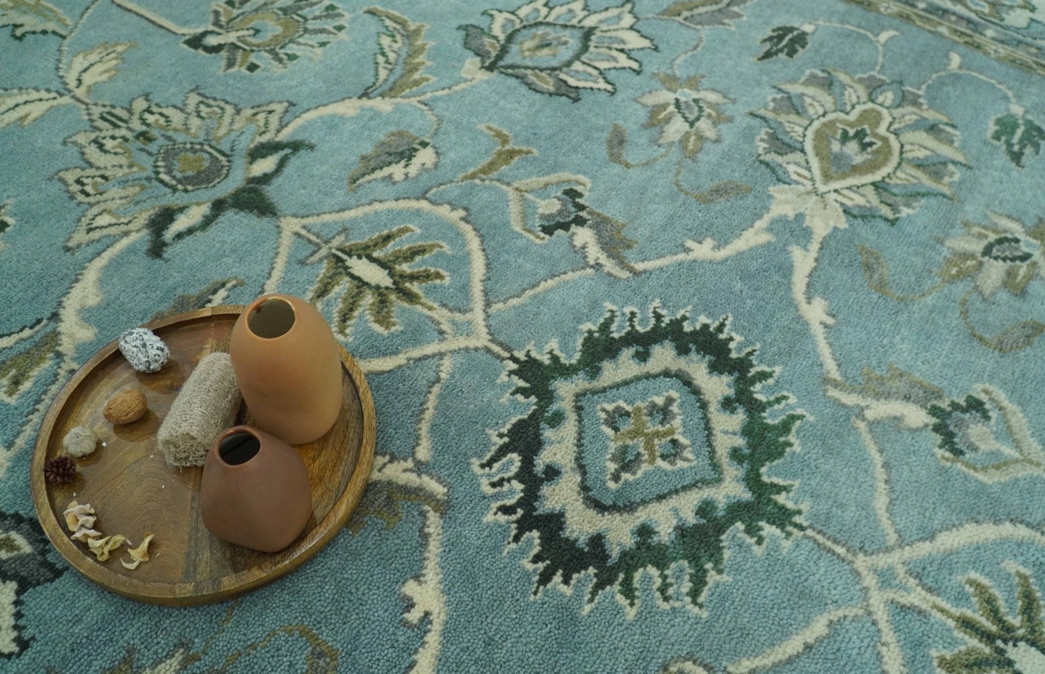 Traditional Floral Blue and Beige 8X10 Antique Style Hand Knotted Wool Rug