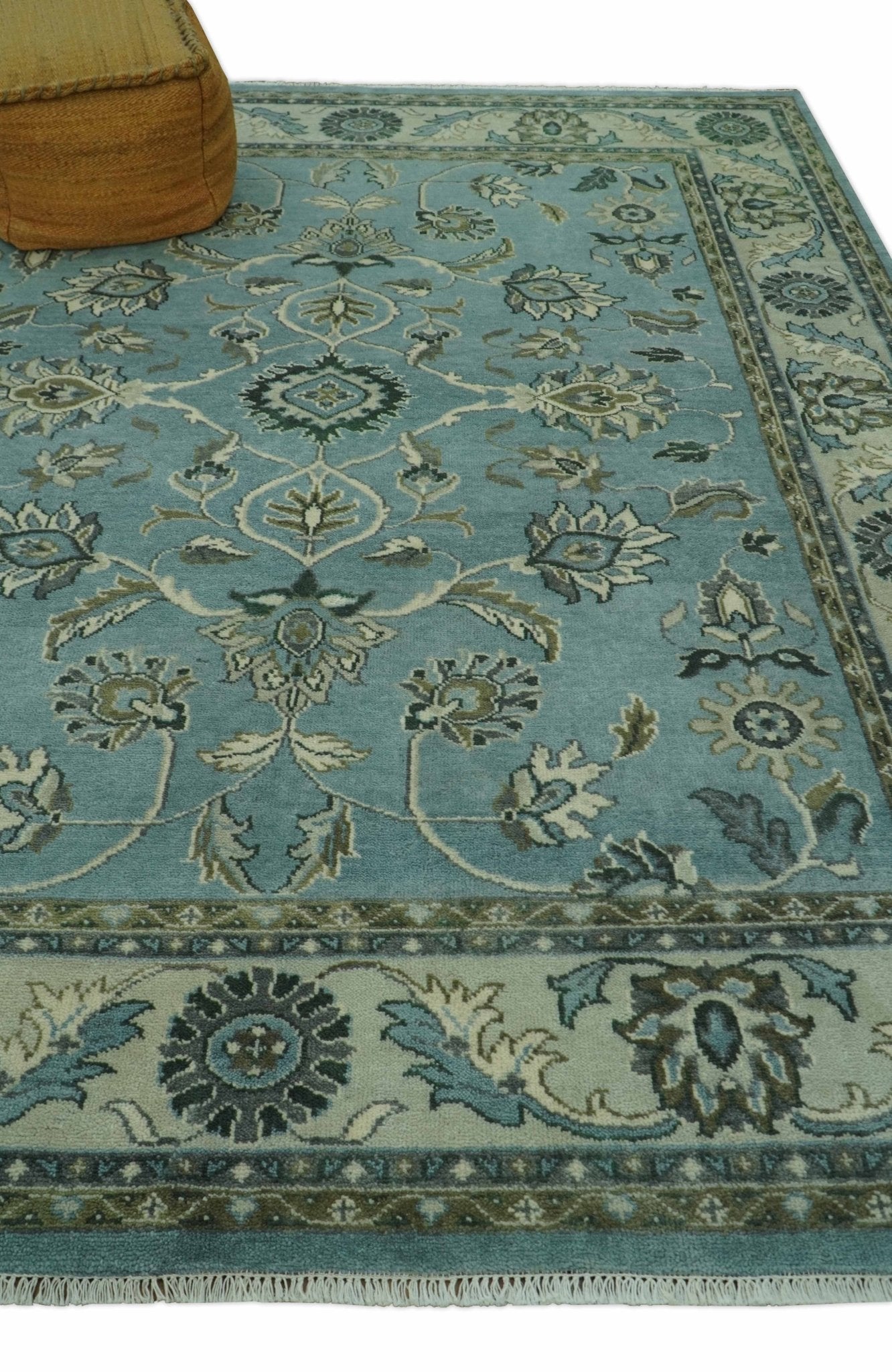 Traditional Floral Blue and Beige 8X10 Antique Style Hand Knotted Wool Rug