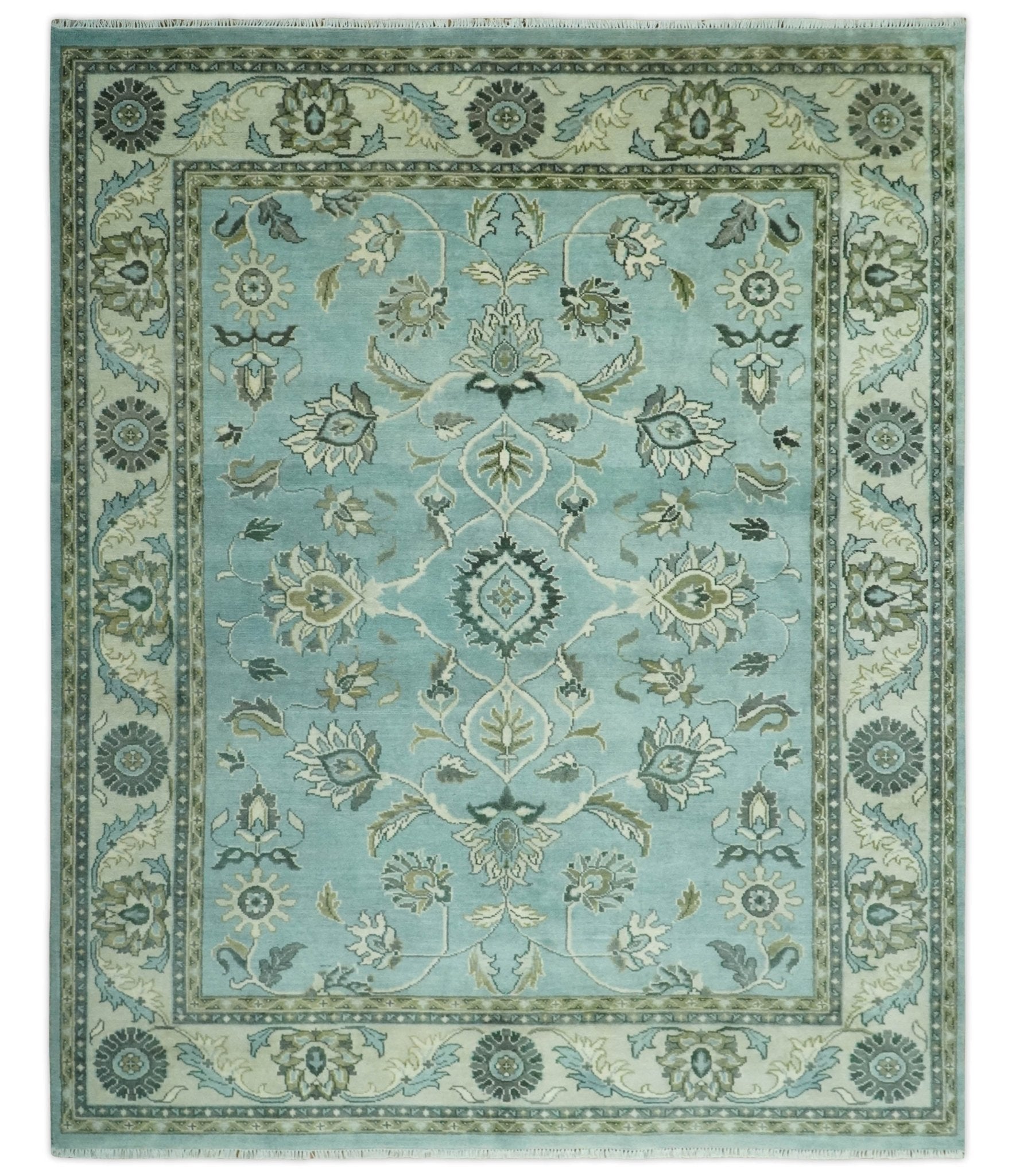 Traditional Floral Blue and Beige 8X10 Antique Style Hand Knotted Wool Rug