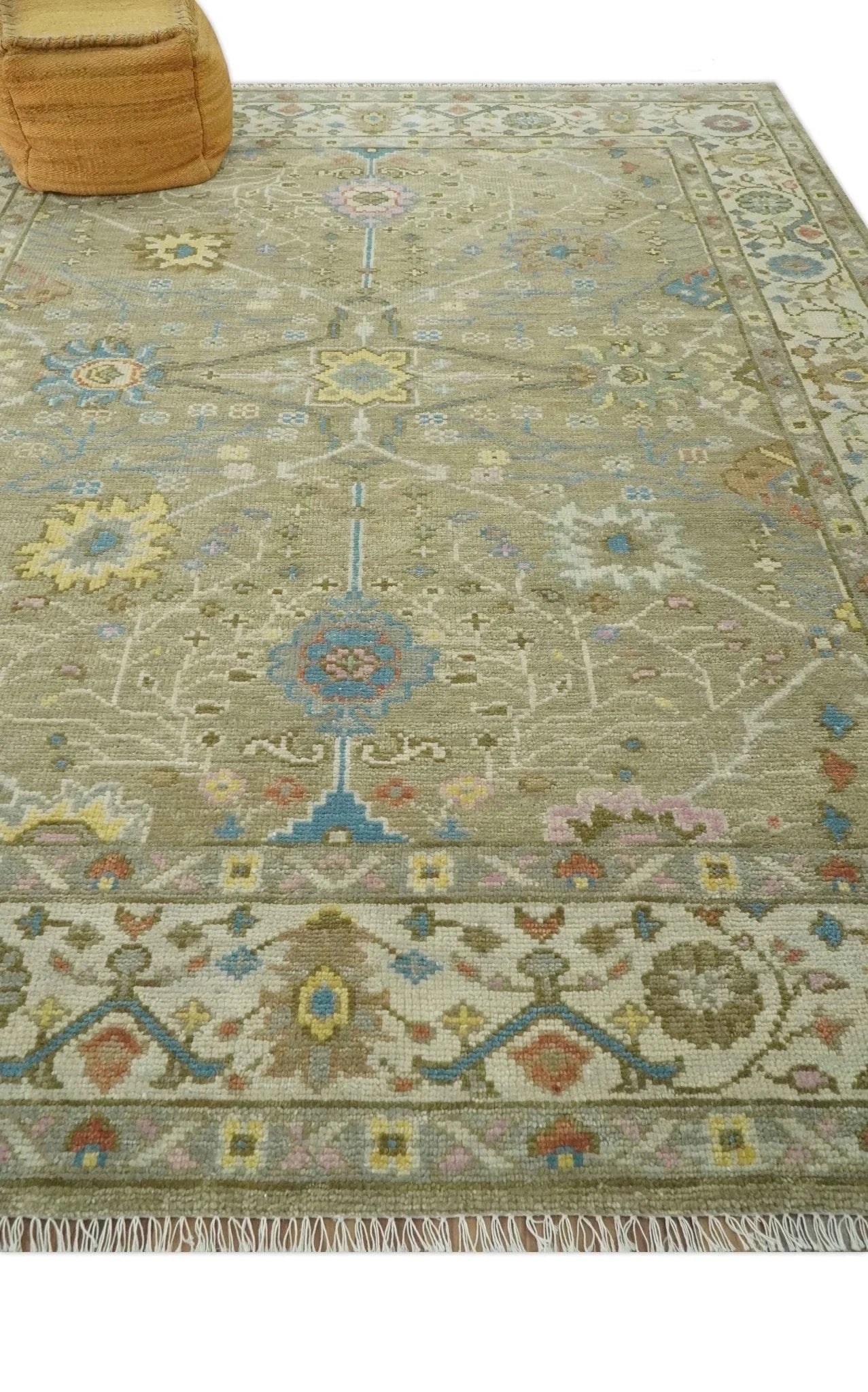 Traditional Floral Olive and Ivory Hand Knotted Oriental Oushak Custom Made wool area rug - The Rug Decor