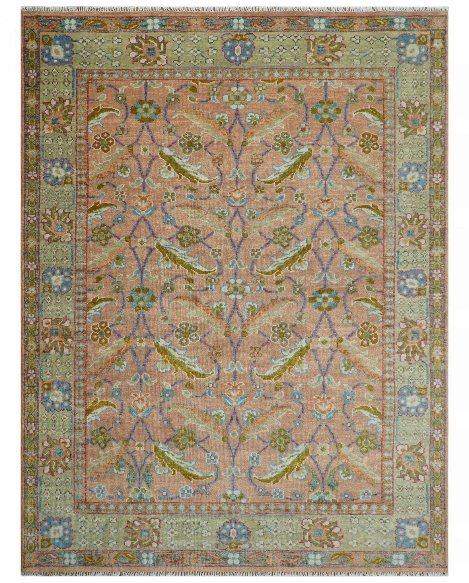 Traditional Floral Peach and Green Hand Knotted Custom Made wool area rug - The Rug Decor
