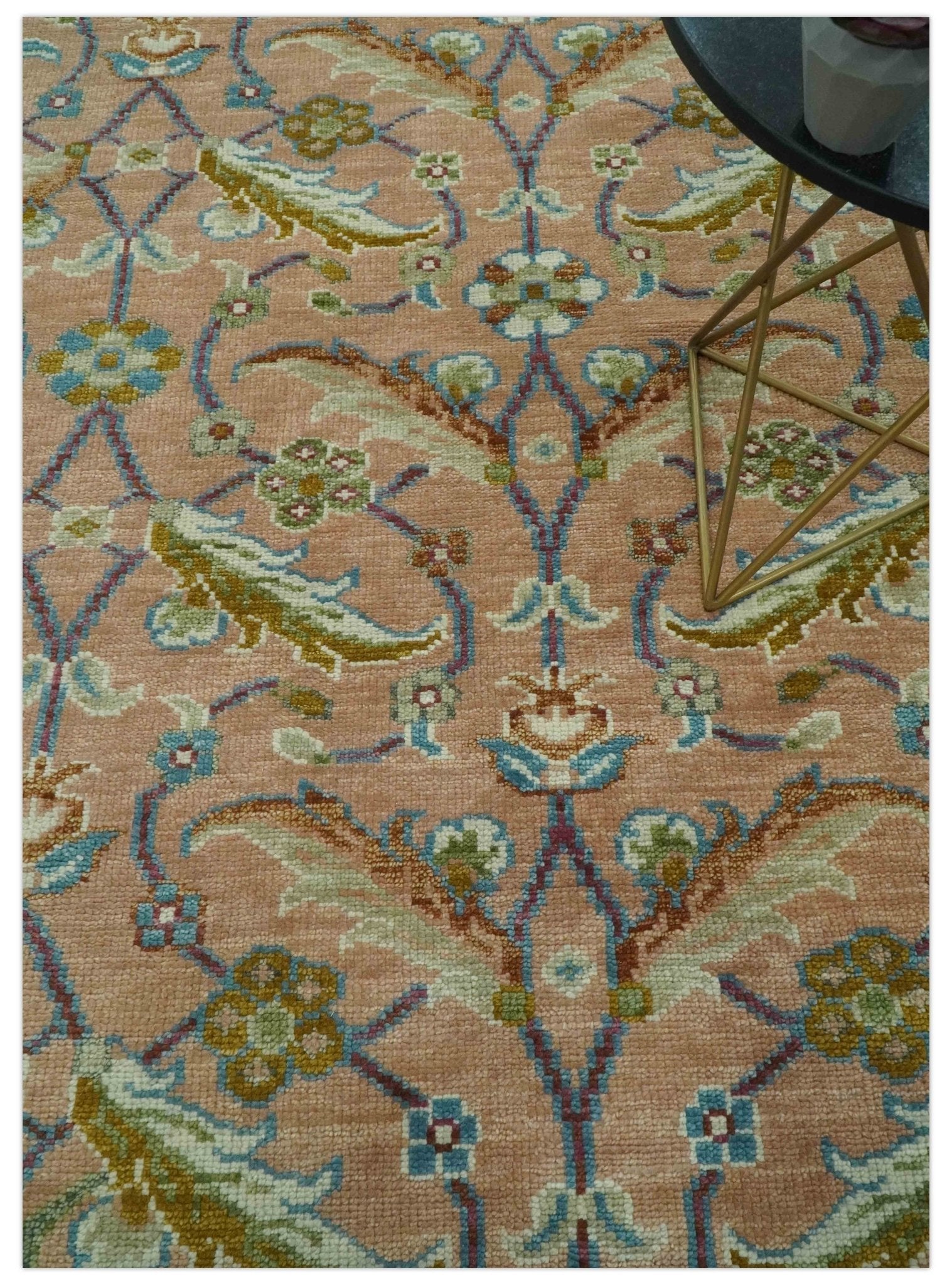 Traditional Floral Peach and Green Hand Knotted Custom Made wool area rug - The Rug Decor