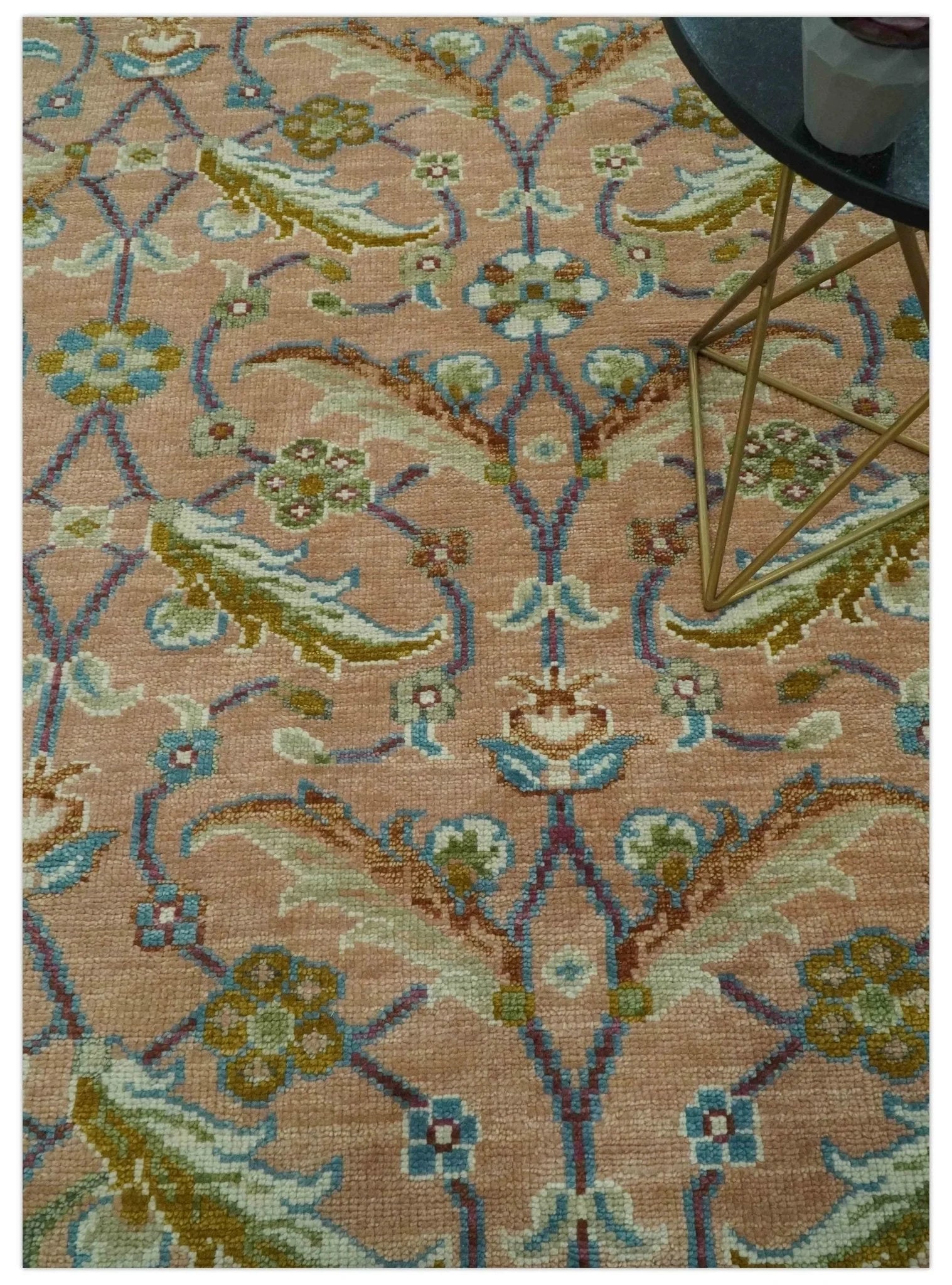 Traditional Floral Peach and Green Hand Knotted Custom Made wool area rug - The Rug Decor