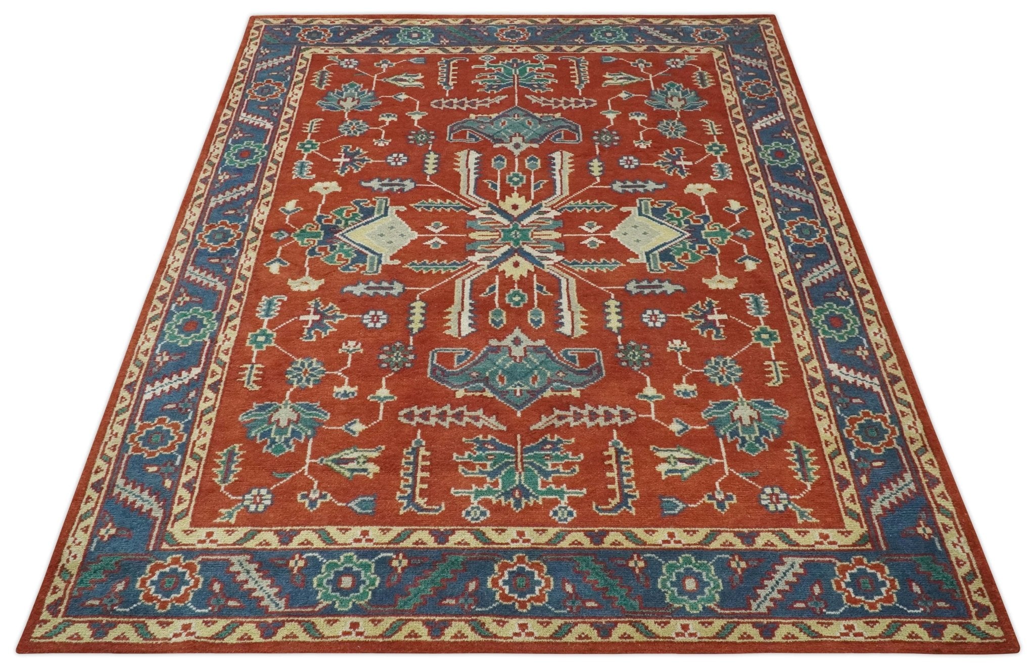 Traditional Floral Red, Blue, Beige and Green Hand Knotted Medallion Custom Made wool Area Rug - The Rug Decor