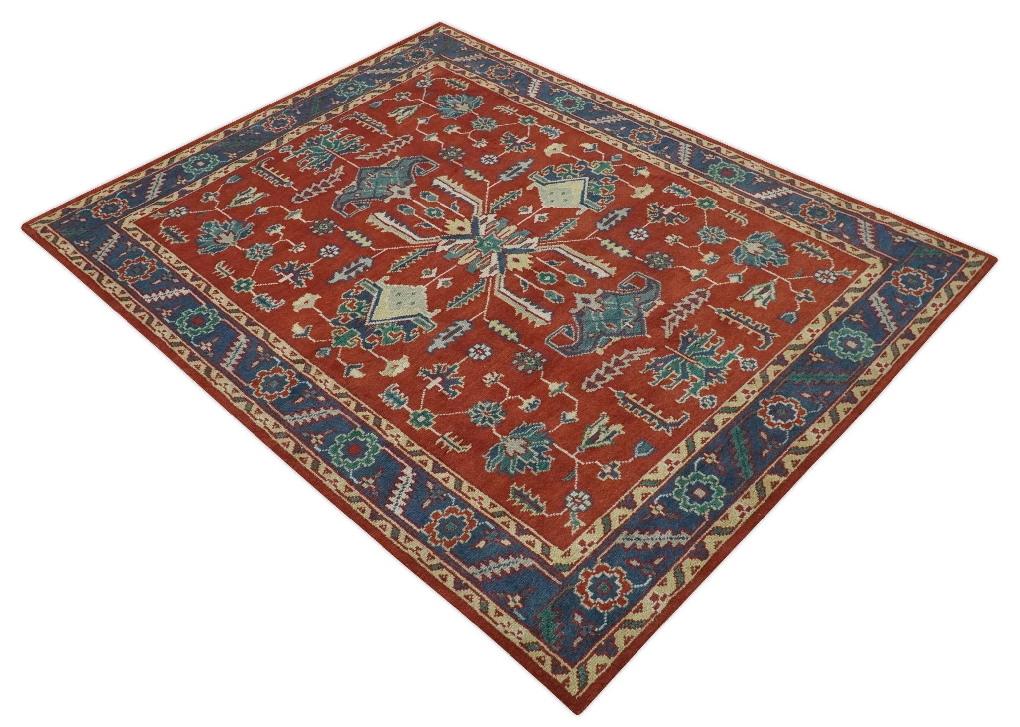 Traditional Floral Red, Blue, Beige and Green Hand Knotted Medallion Custom Made wool Area Rug - The Rug Decor