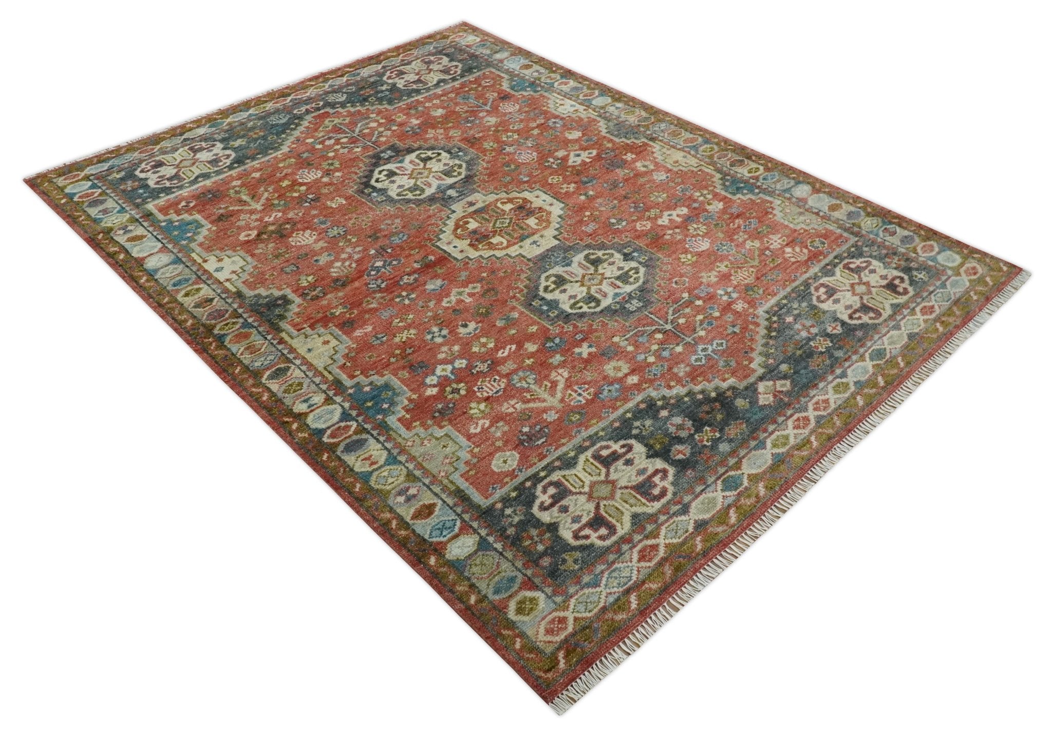 Traditional floral Rust, Charcoal and Beige Mamluk design Custom Made wool Area Rug - The Rug Decor