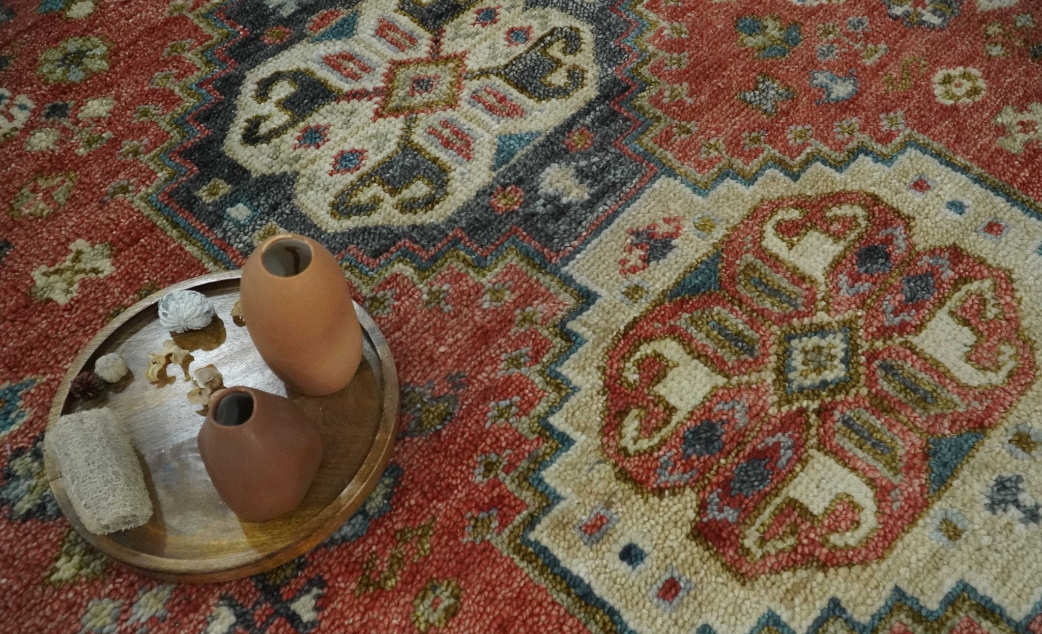 Traditional floral Rust, Charcoal and Beige Mamluk design Custom Made wool Area Rug - The Rug Decor