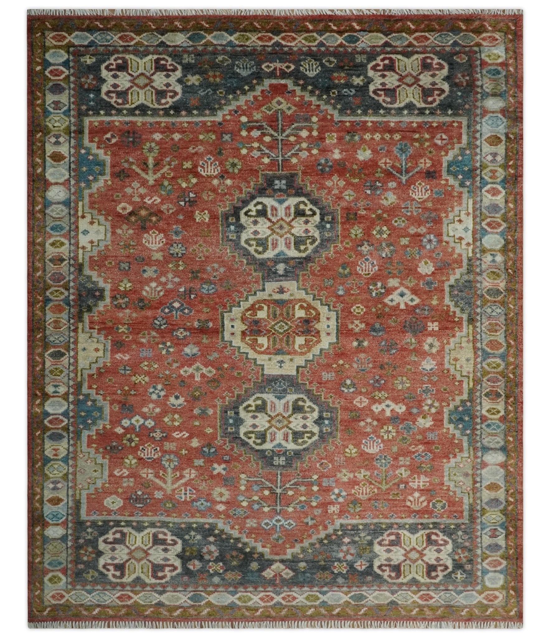 Traditional floral Rust, Charcoal and Beige Mamluk design Custom Made wool Area Rug - The Rug Decor