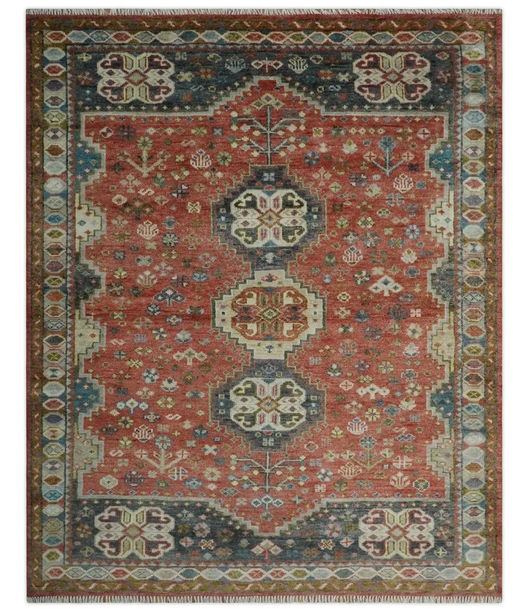 Traditional floral Rust, Charcoal and Beige Mamluk design Custom Made wool Area Rug - The Rug Decor