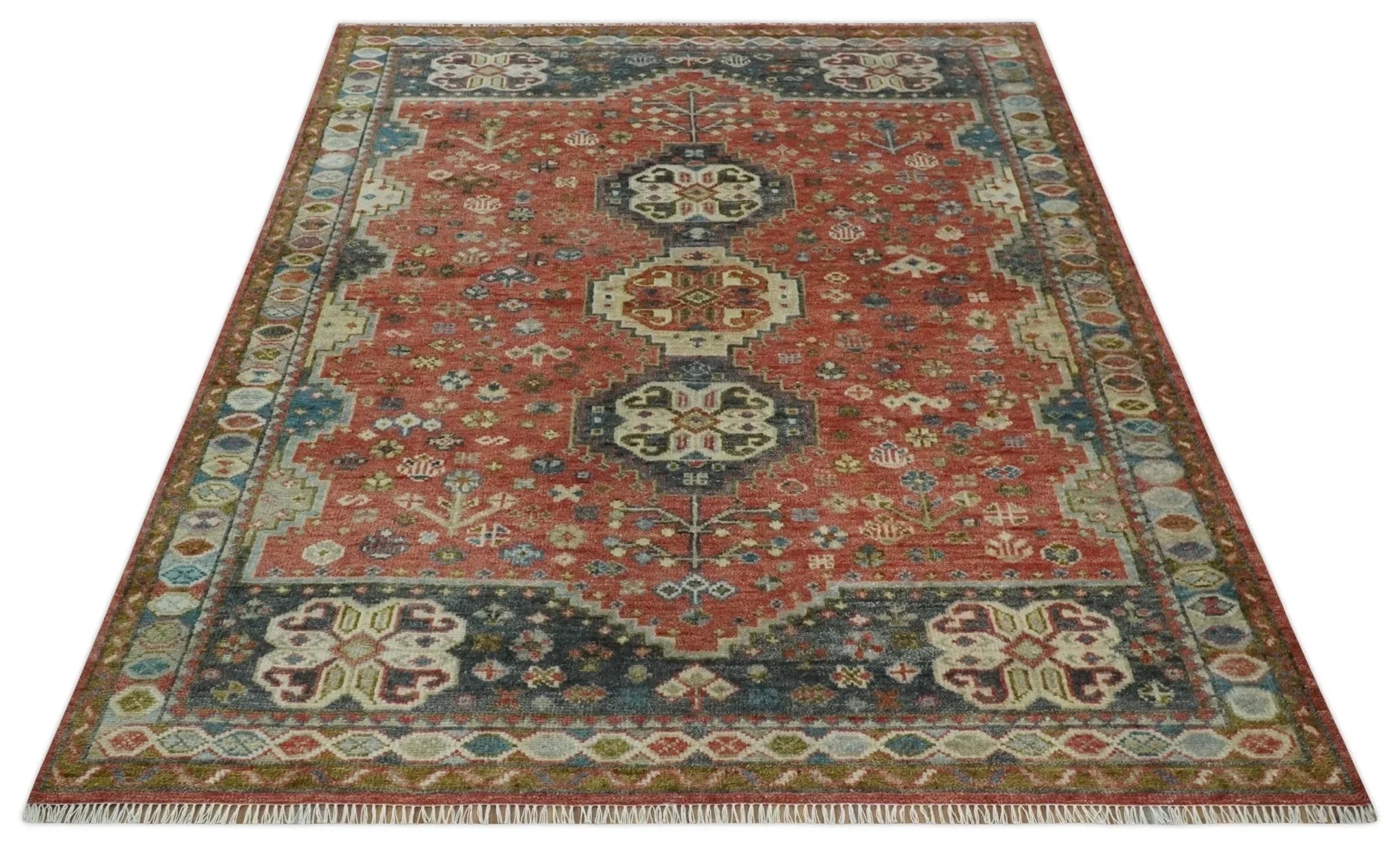 Traditional floral Rust, Charcoal and Beige Mamluk design Custom Made wool Area Rug - The Rug Decor