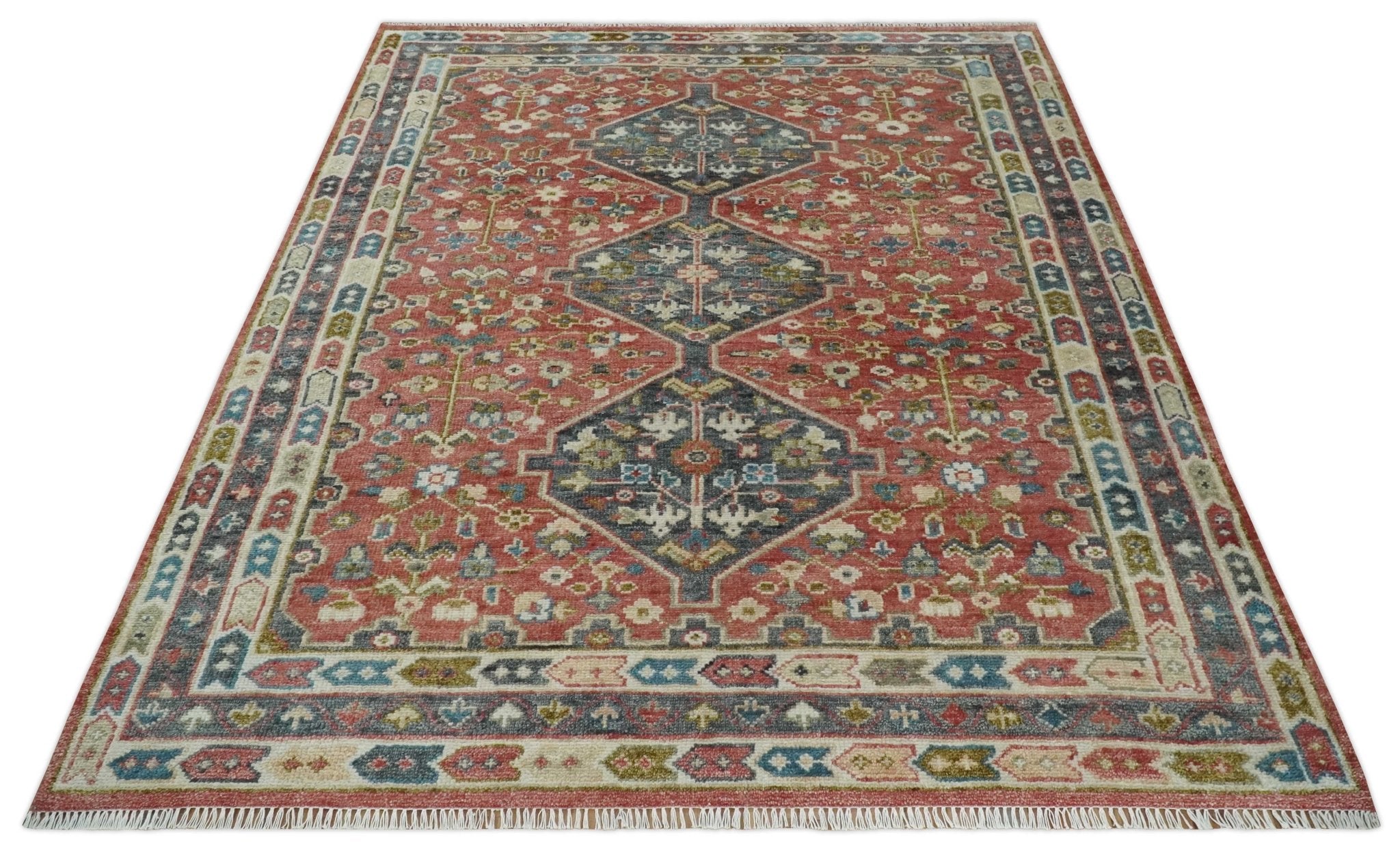 Traditional Floral Rust, Charcoal and Ivory Hand knotted Custom Made wool Area Rug - The Rug Decor