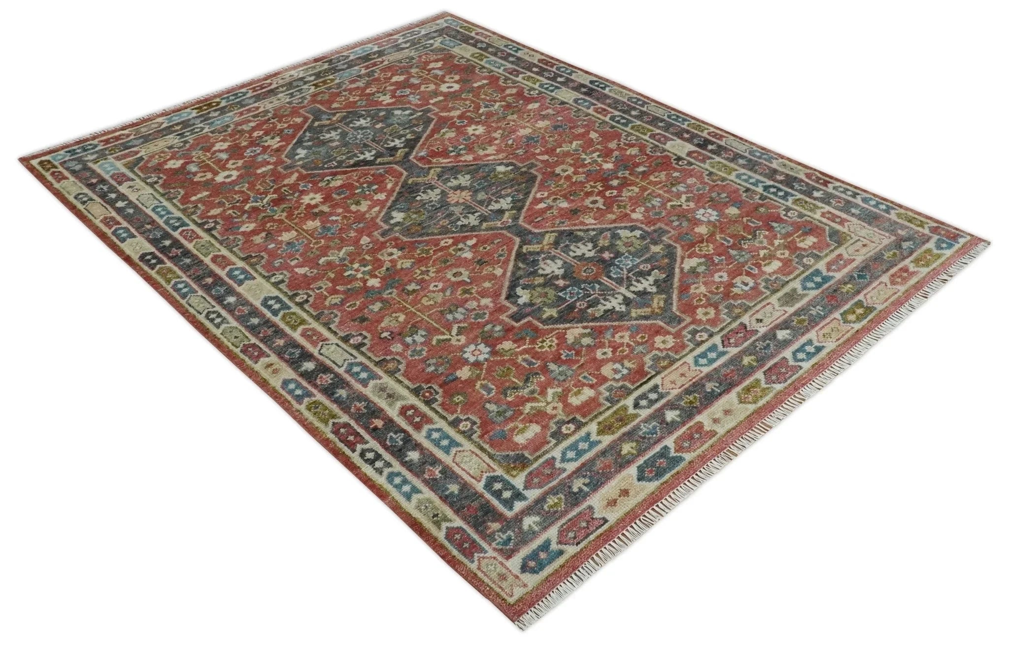 Traditional Floral Rust, Charcoal and Ivory Hand knotted Custom Made wool Area Rug - The Rug Decor
