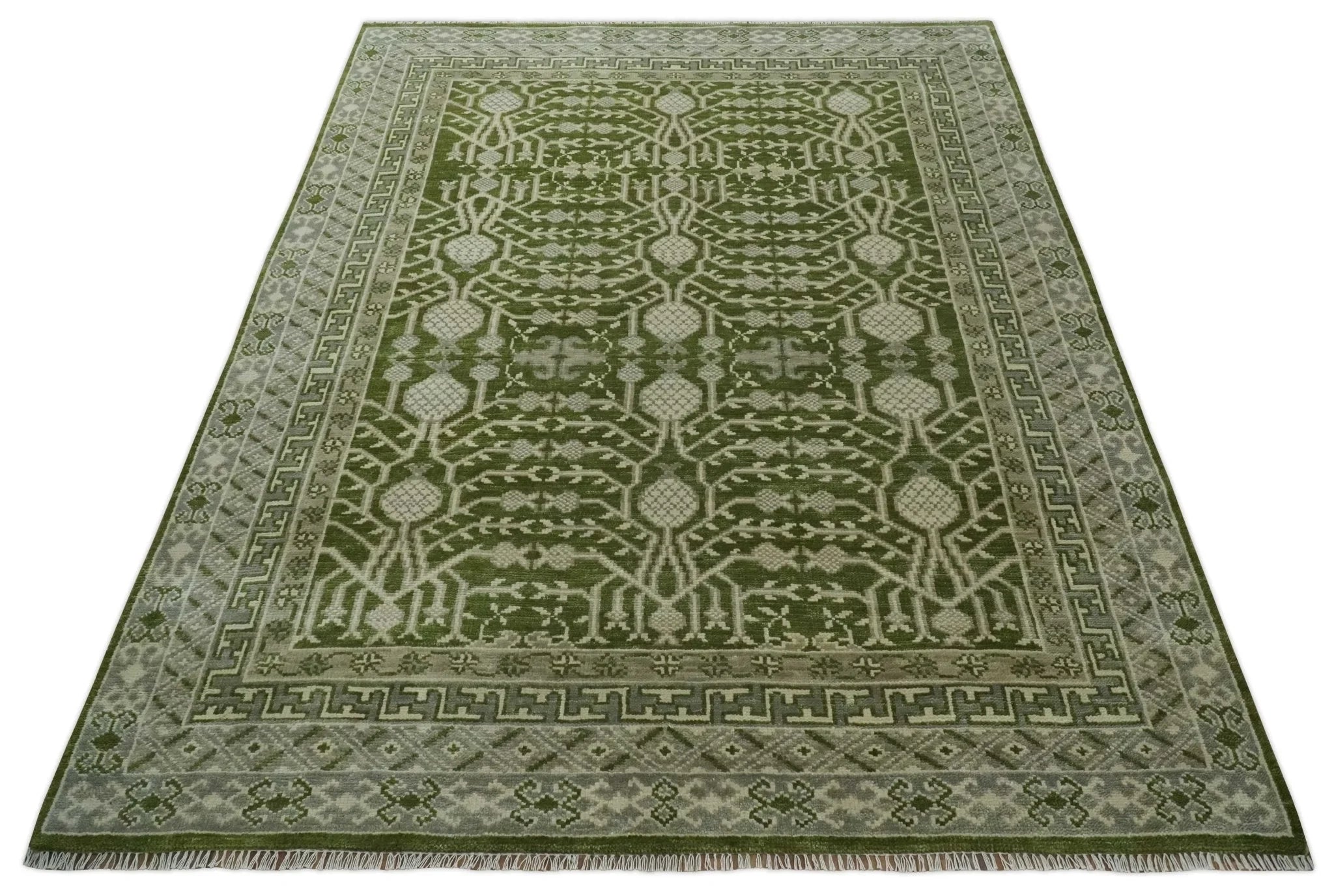 Traditional Hand knotted Royal Green and Ivory Turkish Design wool Area Rug - The Rug Decor