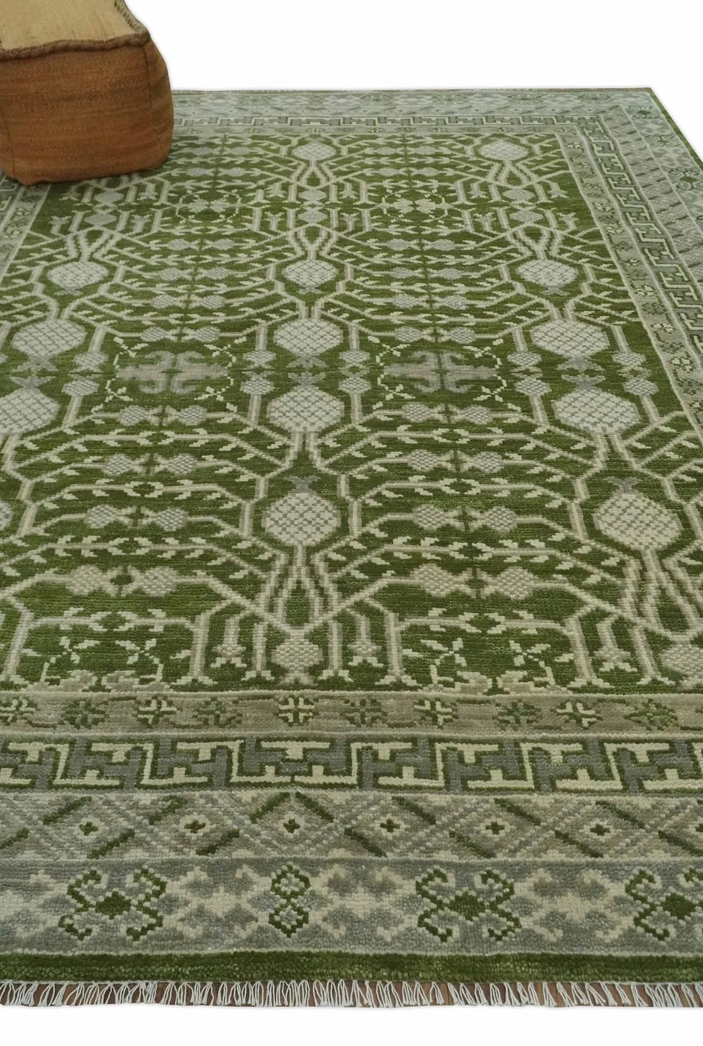 Traditional Hand knotted Royal Green and Ivory Turkish Design wool Area Rug - The Rug Decor