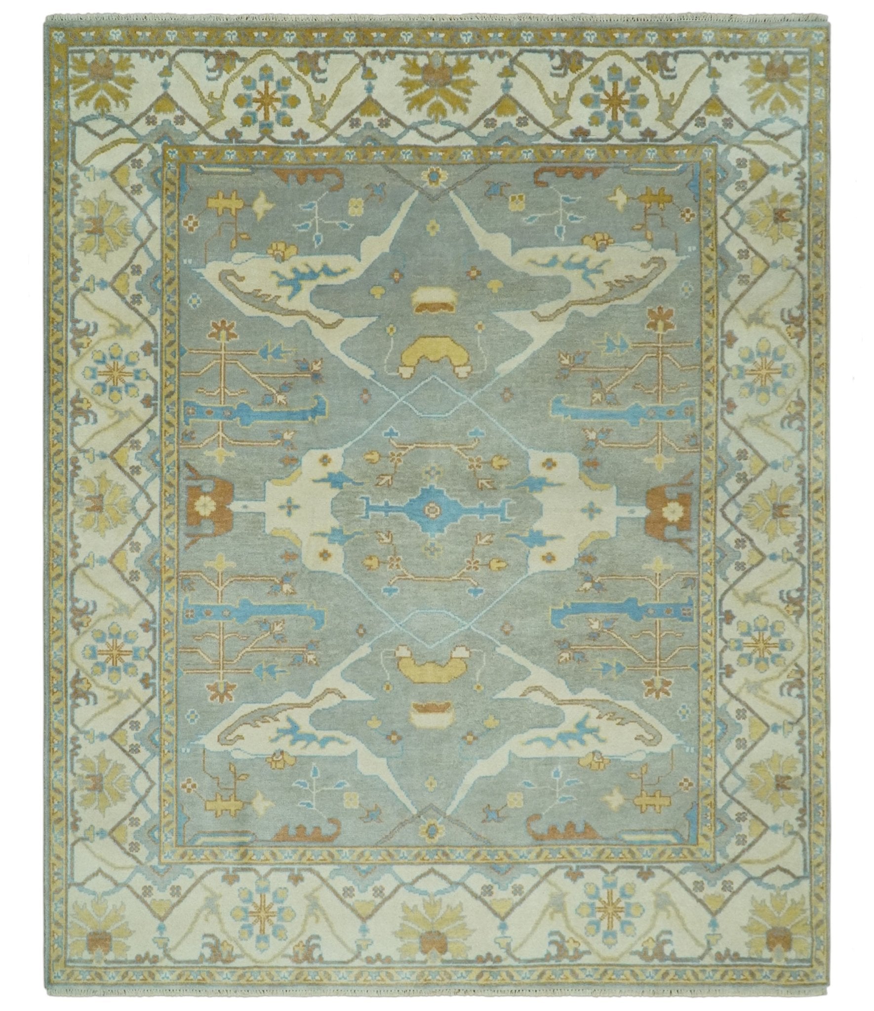 Traditional Hand Knotted Silver and Ivory 8x10 Oriental Oushak wool area rug