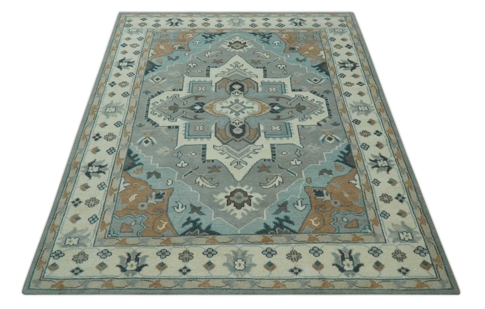 Traditional Heriz Gray and Ivory Floral Hand Knotted Custom Made wool Area Rug - The Rug Decor