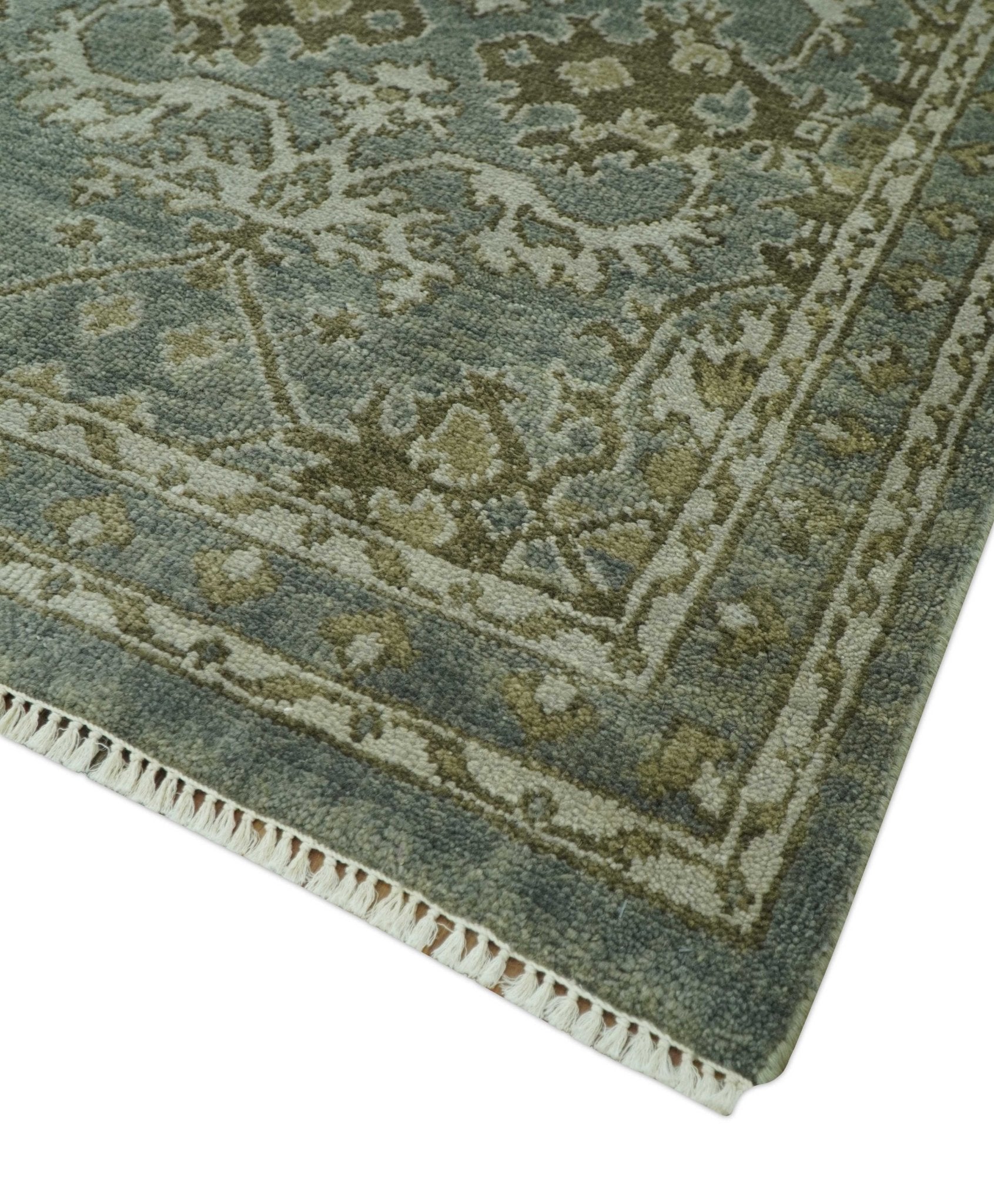 Traditional Ikat large Design Gray, Silver and Olive 8x10 Hand Knotted wool area rug