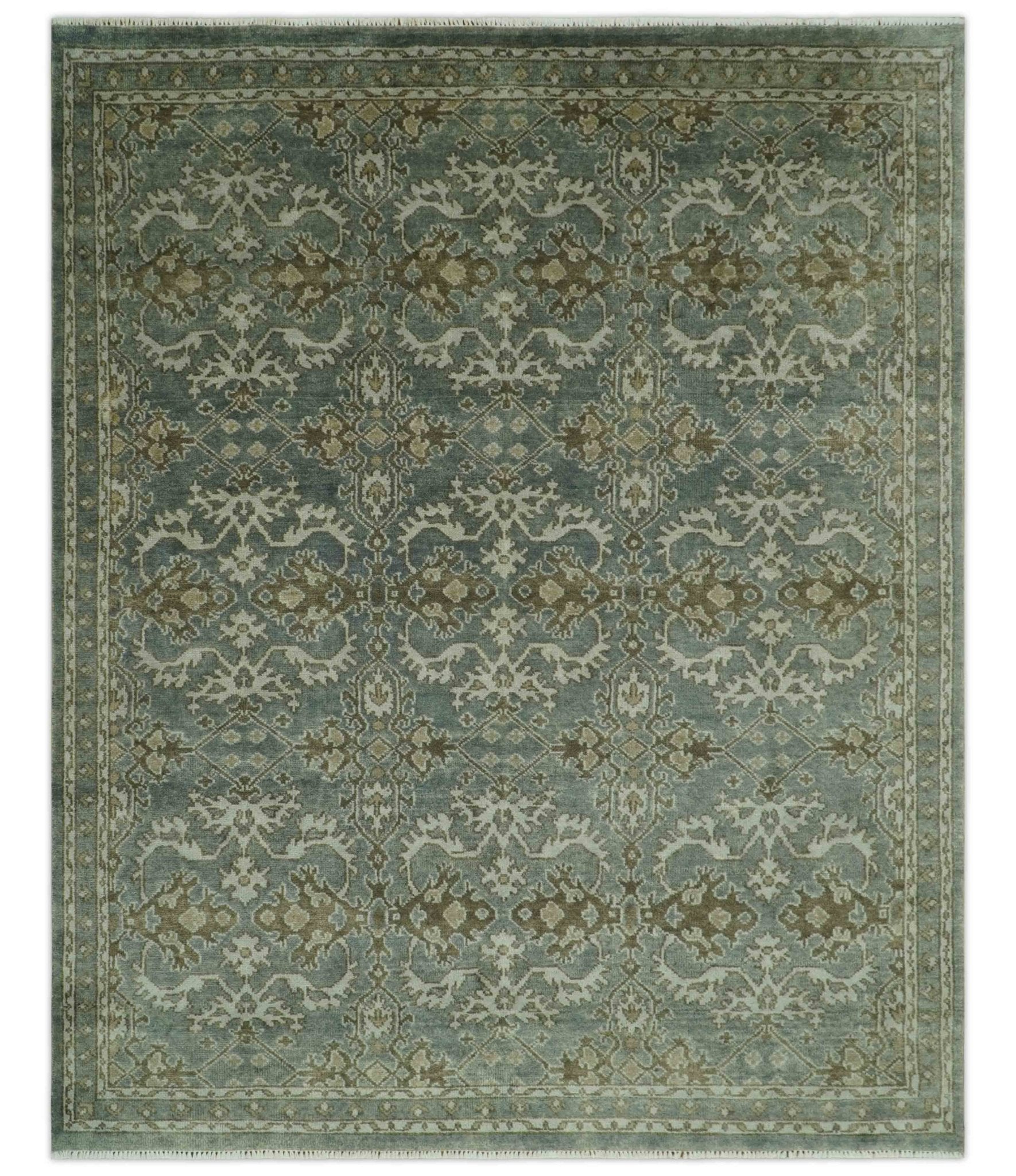 Traditional Ikat large Design Gray, Silver and Olive 8x10 Hand Knotted wool area rug