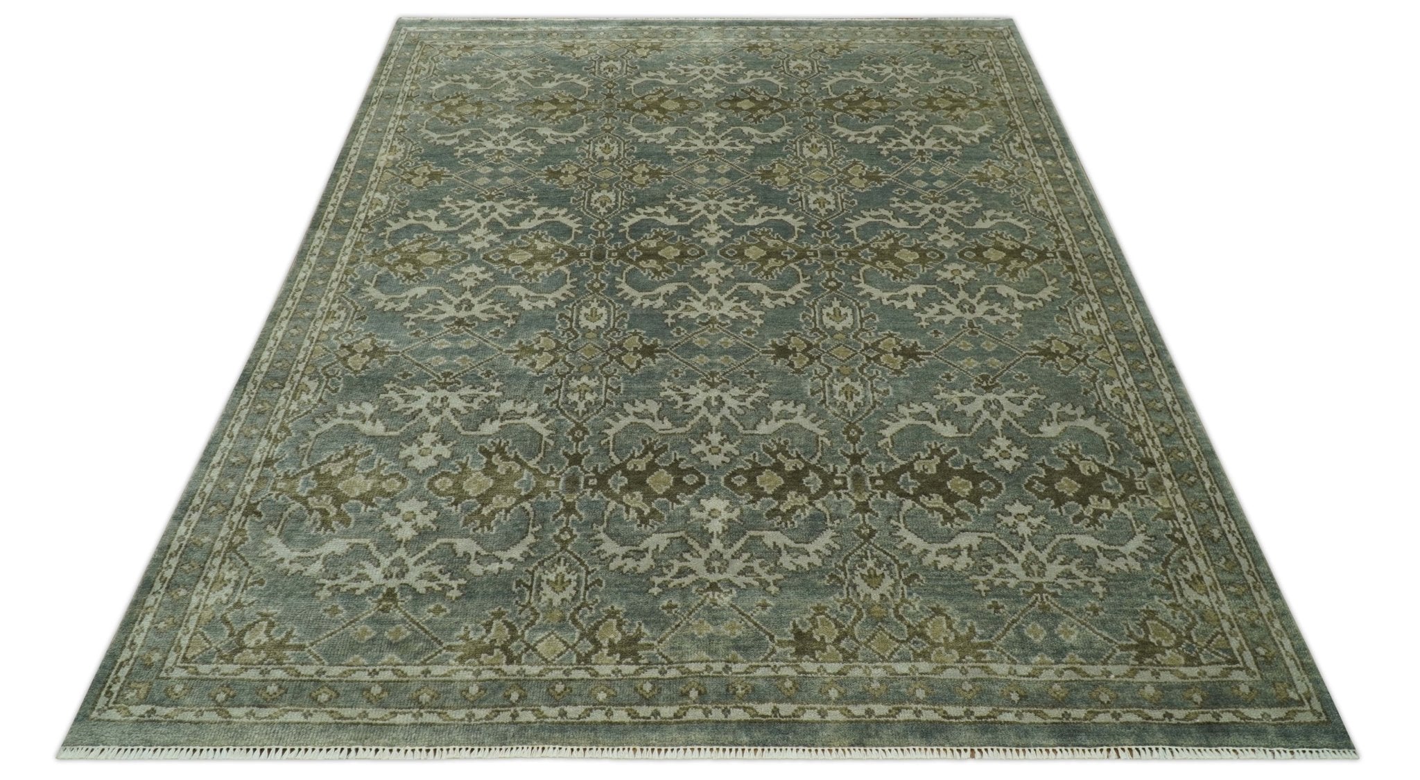 Traditional Ikat large Design Gray, Silver and Olive 8x10 Hand Knotted wool area rug