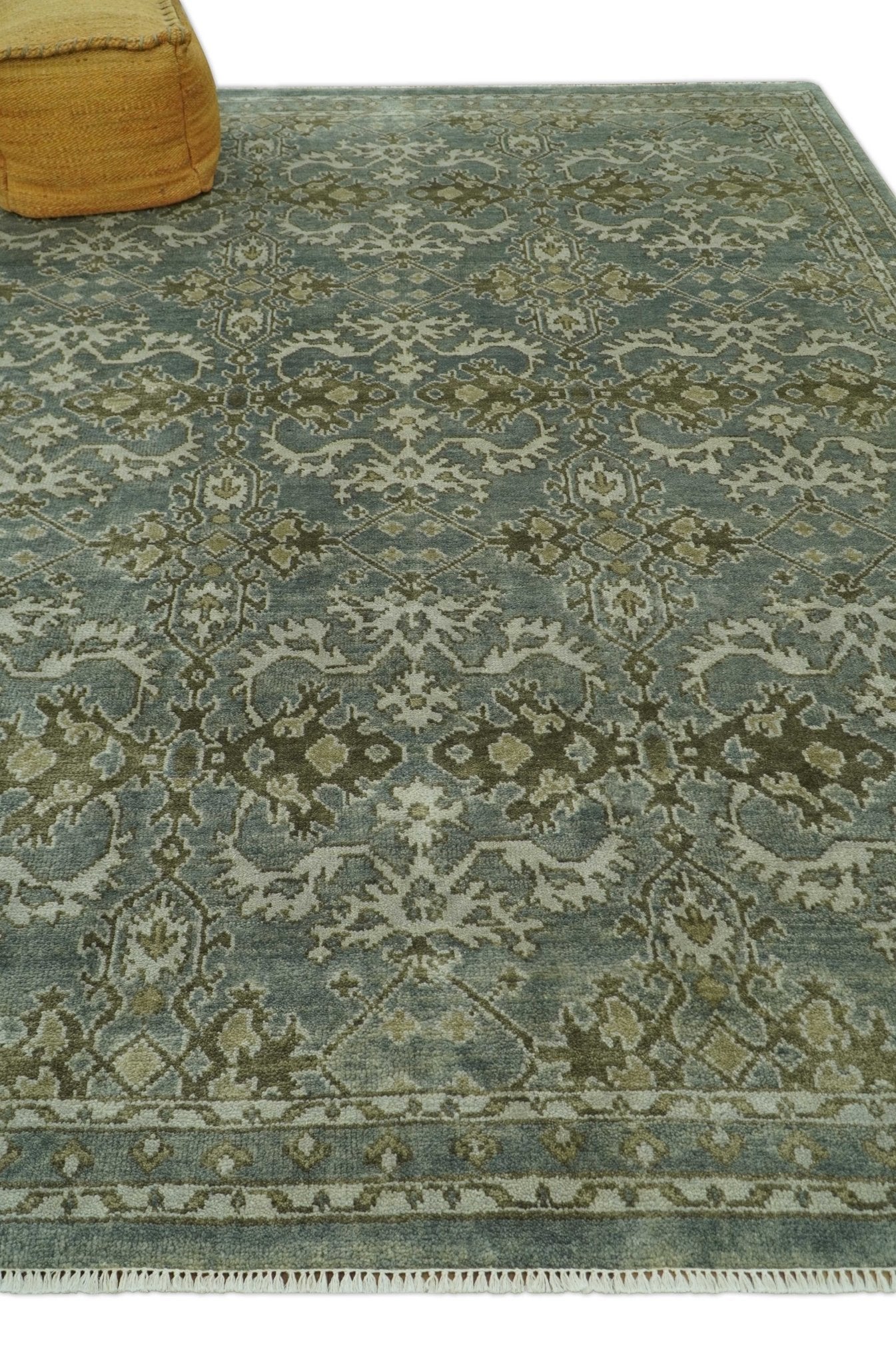 Traditional Ikat large Design Gray, Silver and Olive 8x10 Hand Knotted wool area rug