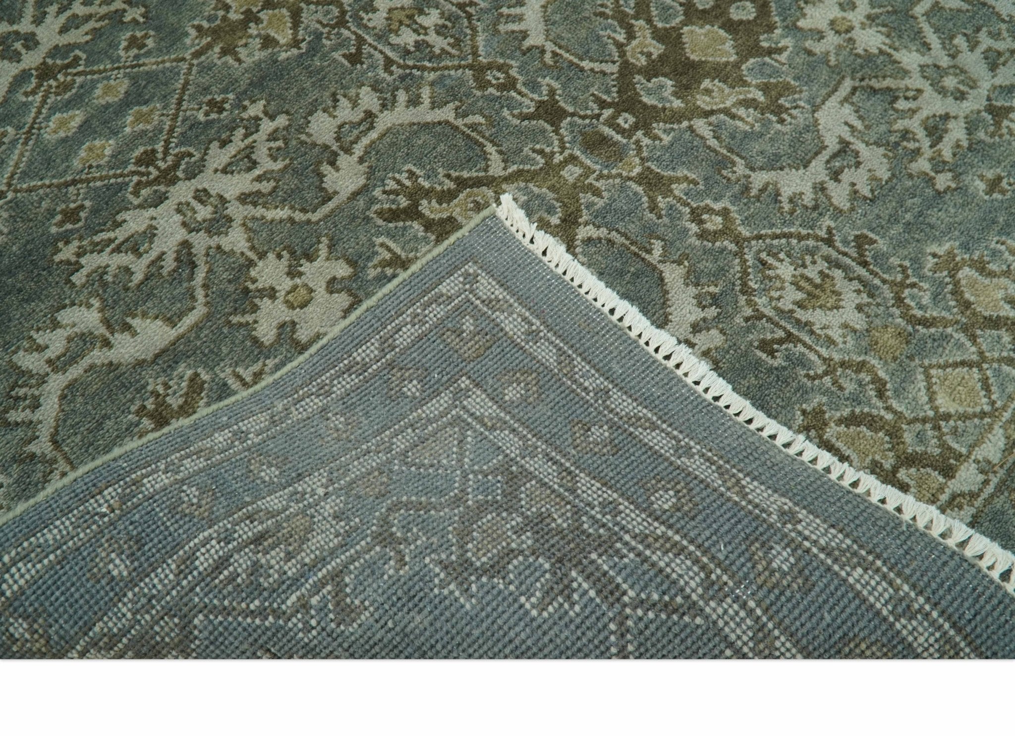 Traditional Ikat large Design Gray, Silver and Olive 8x10 Hand Knotted wool area rug
