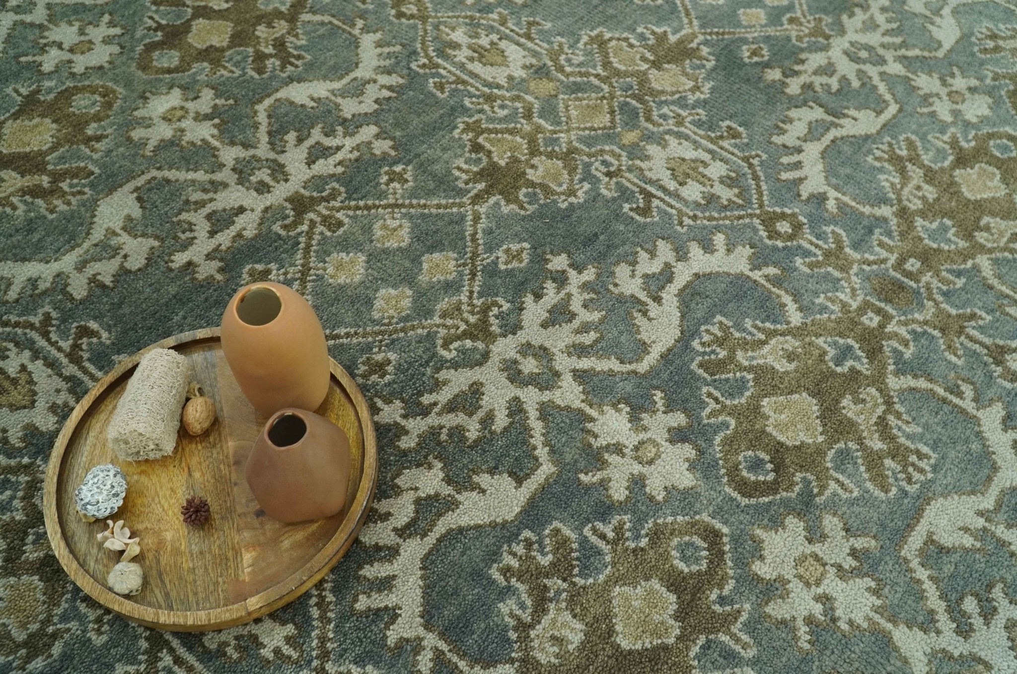 Traditional Ikat large Design Gray, Silver and Olive 8x10 Hand Knotted wool area rug