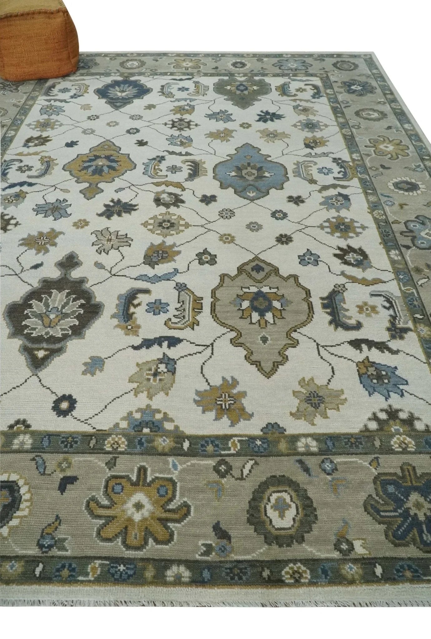 Traditional Ivory and Beige Hand Knotted Oriental Oushak Wool Area Rug - The Rug Decor