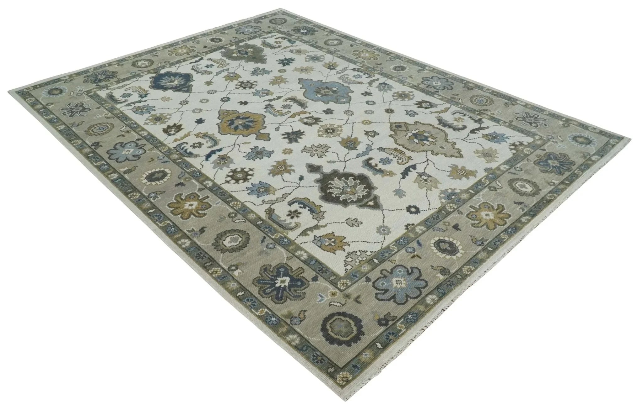 Traditional Ivory and Beige Hand Knotted Oriental Oushak Wool Area Rug - The Rug Decor