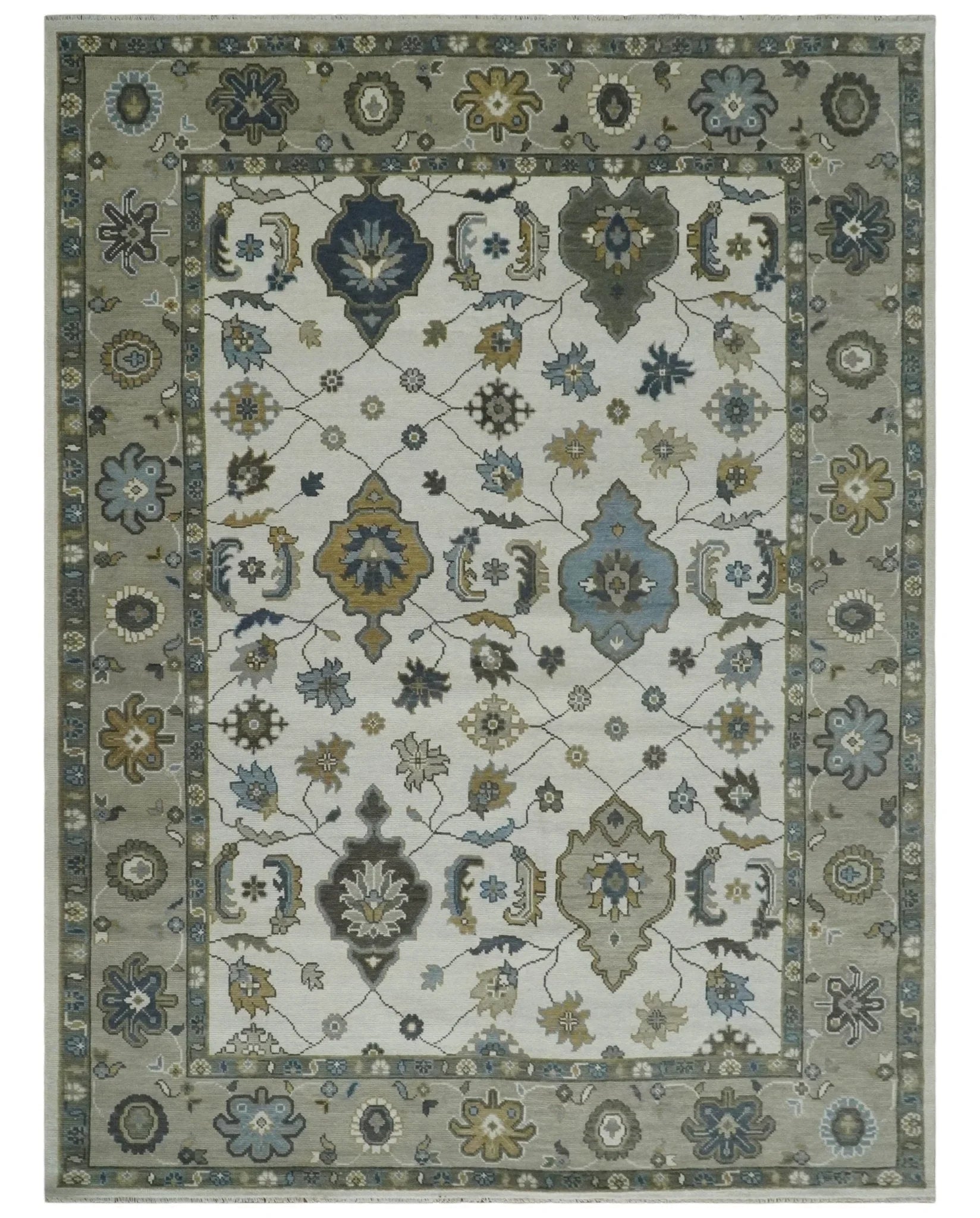 Traditional Ivory and Beige Hand Knotted Oriental Oushak Wool Area Rug - The Rug Decor