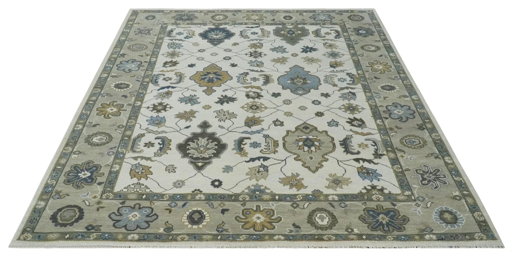 Traditional Ivory and Beige Hand Knotted Oriental Oushak Wool Area Rug - The Rug Decor