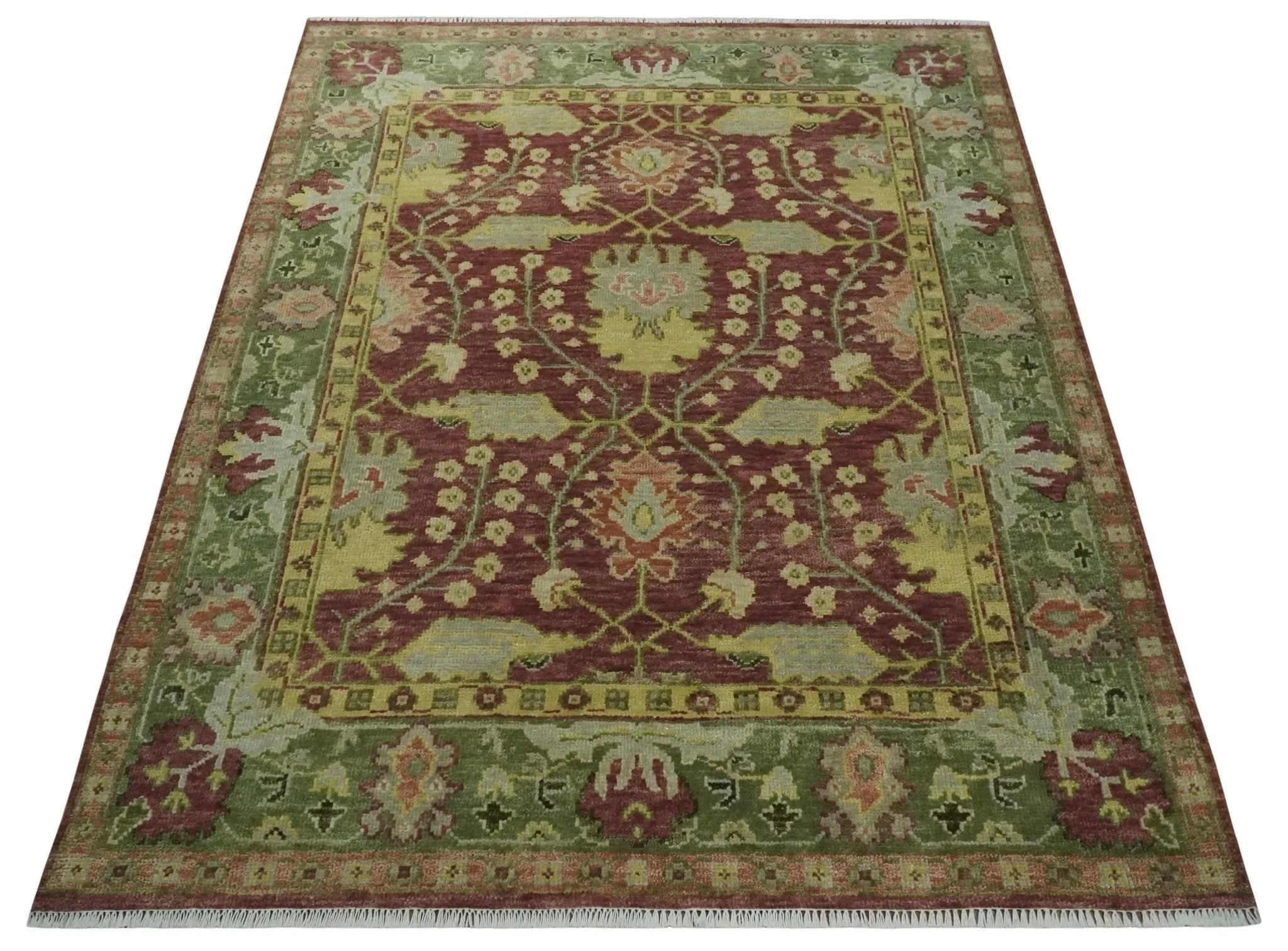 Traditional Maroon, Green and Beige Antique Donegal Design Hand knotted Area Rug - The Rug Decor