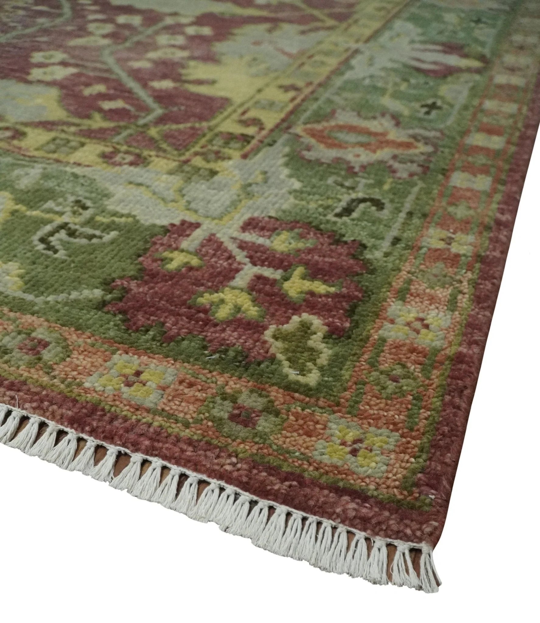 Traditional Maroon, Green and Beige Antique Donegal Design Hand knotted Area Rug - The Rug Decor