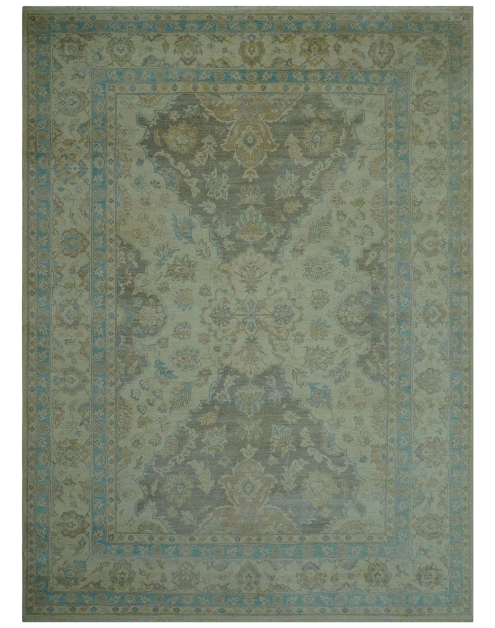 Traditional Oriental Design Blue And Beige Hand Knotted 8.5x11 Wool Area Rug