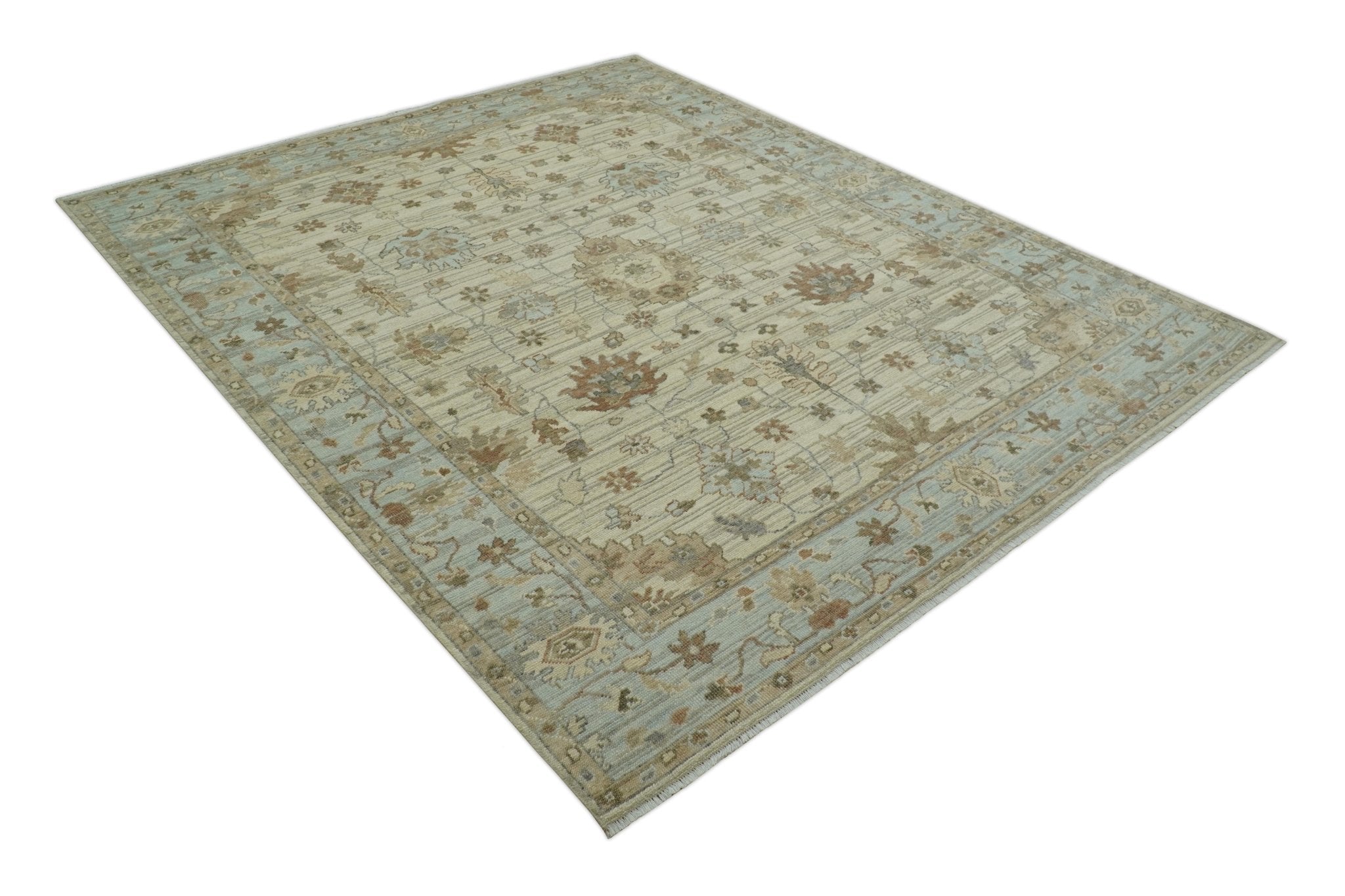Traditional Oushak Beige, Brown And Blue Hand Knotted Custom Made Wool rug